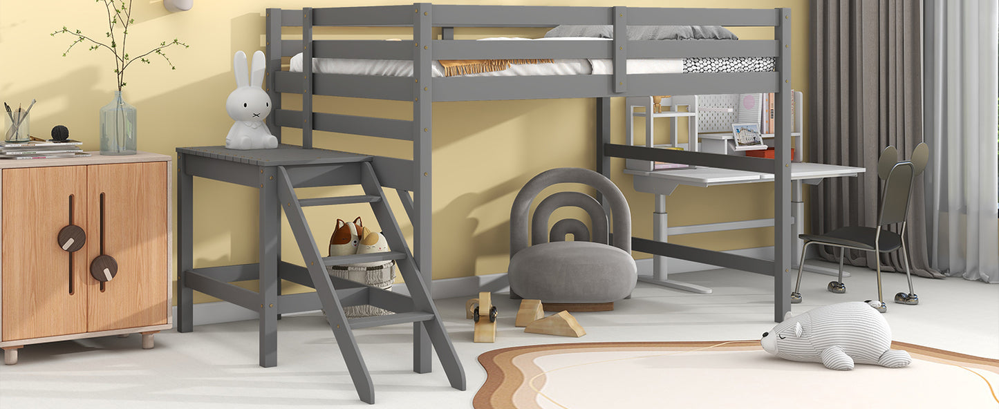 Full Loft Bed with Platform,ladder,Grey