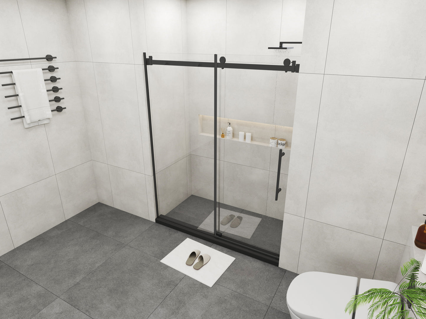 Frameless Sliding Glass Shower Doors 72" Width x 76"Height with 3/8"(10mm) Clear Tempered Glass, Matt Black Finish