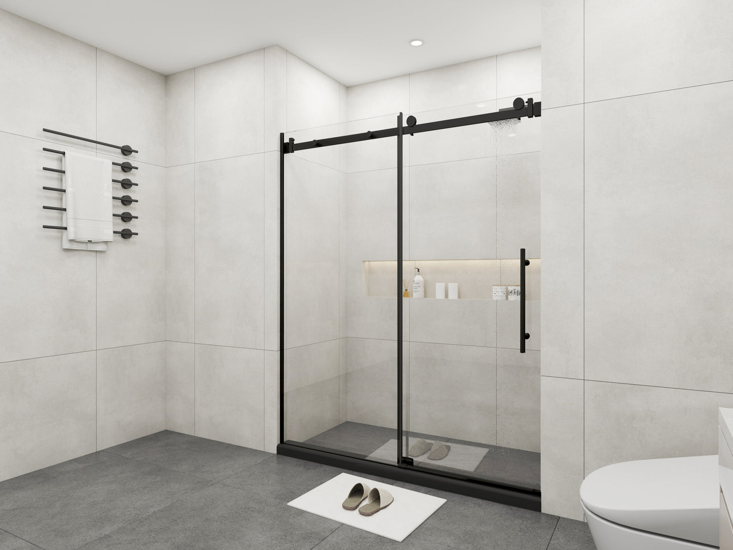 Frameless Sliding Glass Shower Doors 72" Width x 76"Height with 3/8"(10mm) Clear Tempered Glass, Matt Black Finish