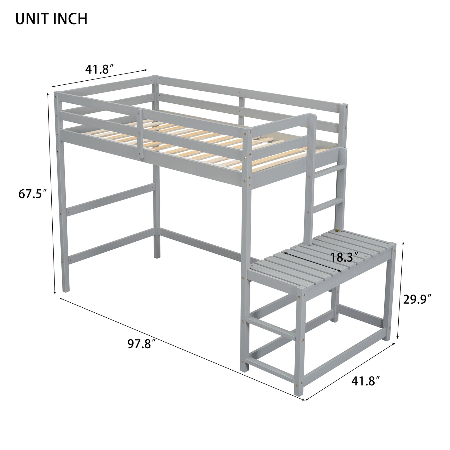 Twin High Loft Bed with Ladder landing Platform, Ladders, Guardrails,Grey