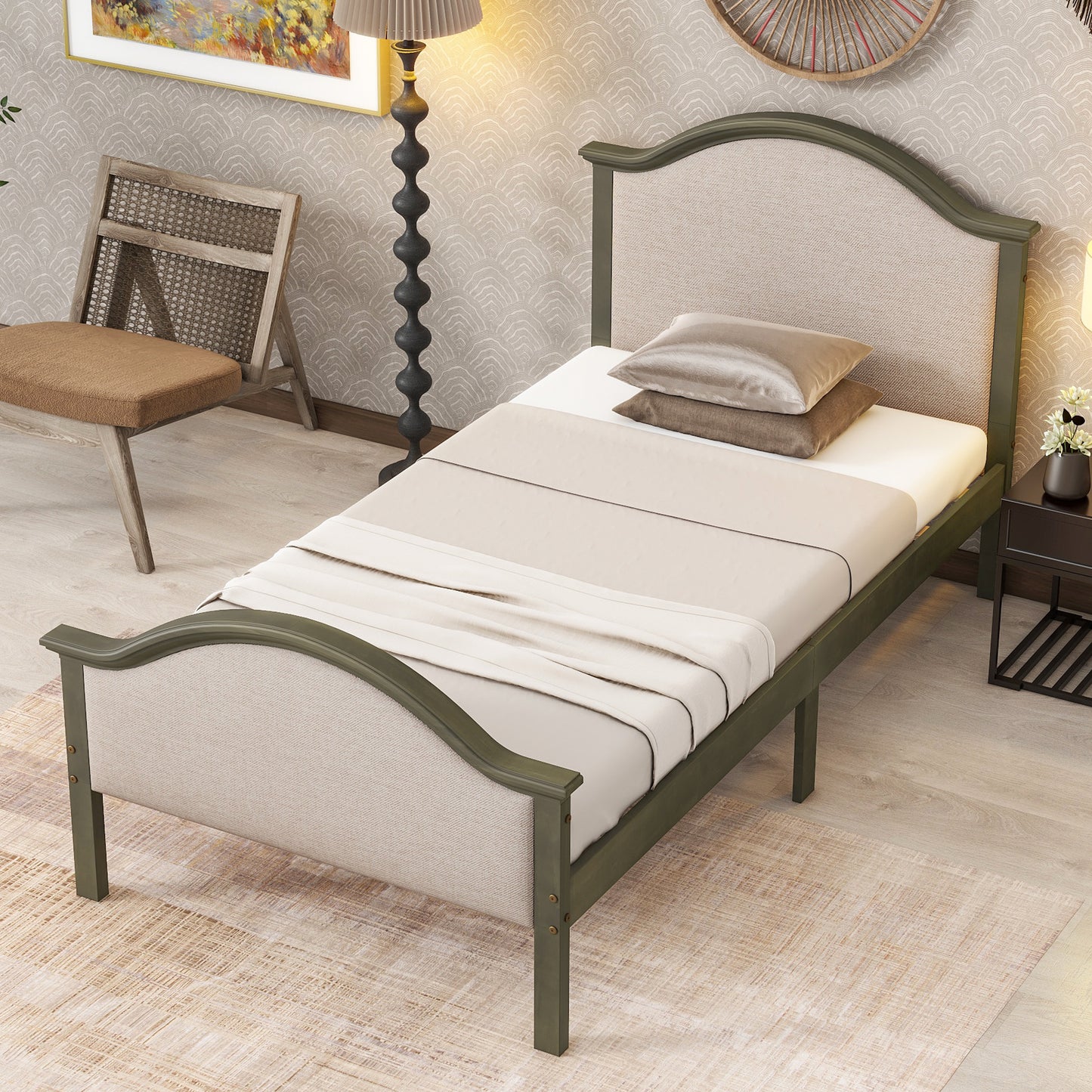 Twin Bed with Upholstered Headboard and Footboard, with Slats,Grey