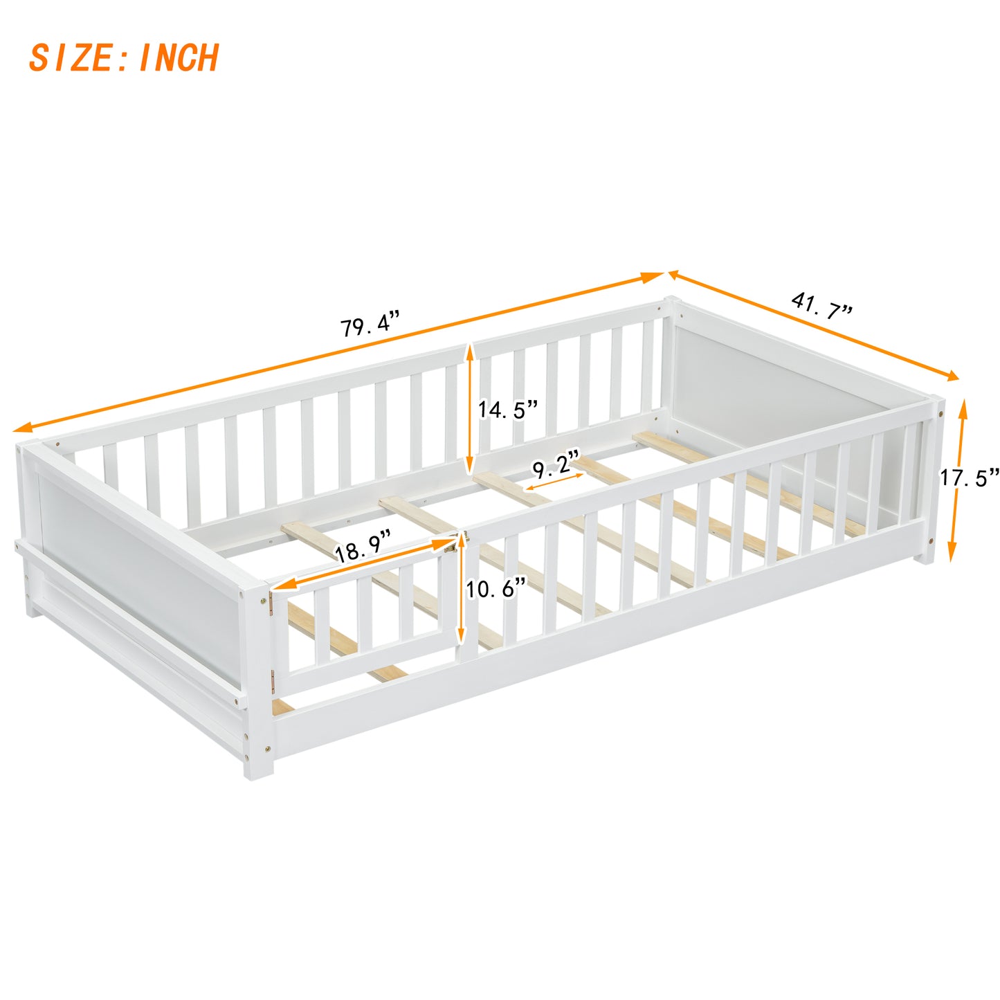 Twin size Floor Platform Bed with Built-in Book Storage Rack, Door,White