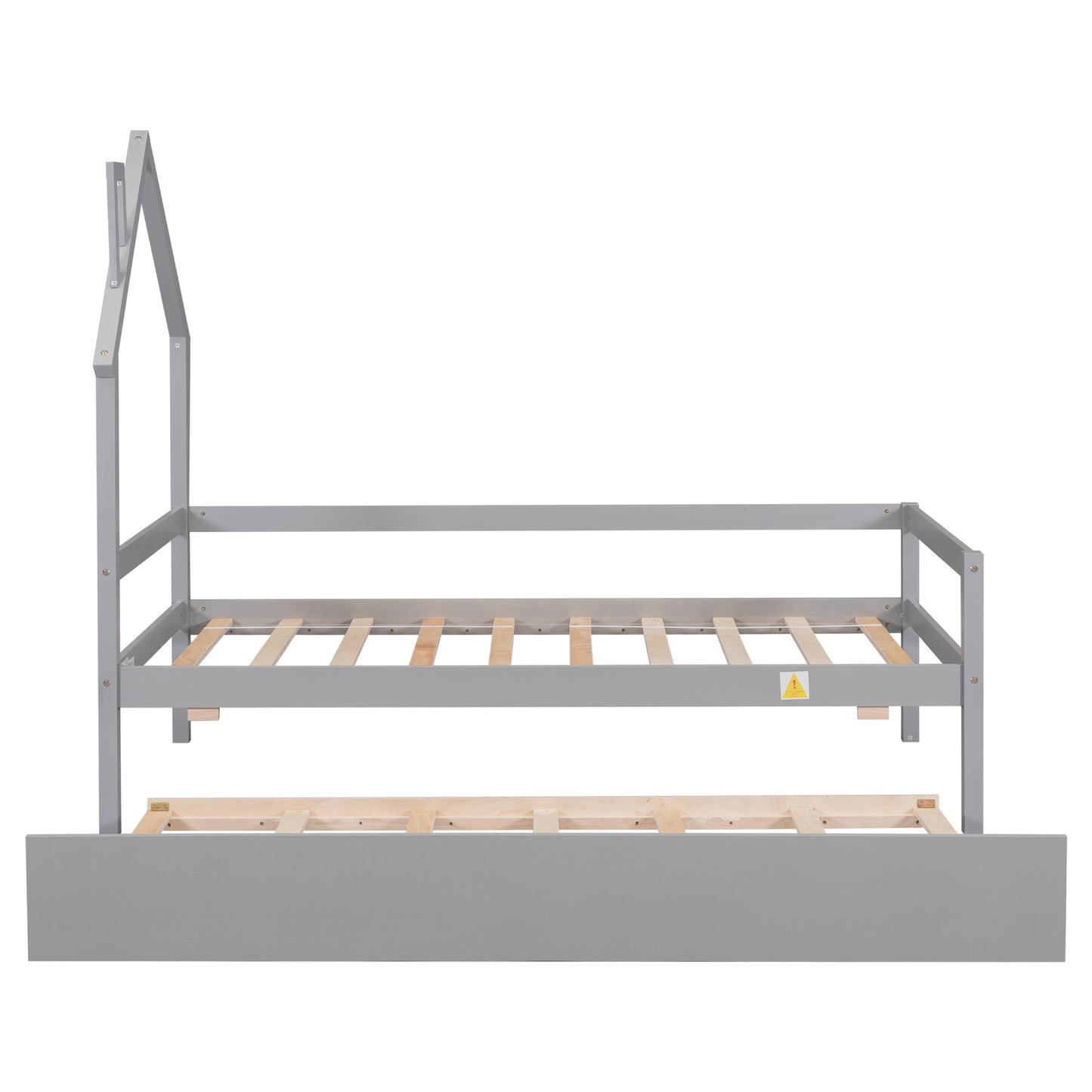 Twin House Wooden Daybed with trundle, Twin House-Shaped Headboard  bed with Guardrails,Grey