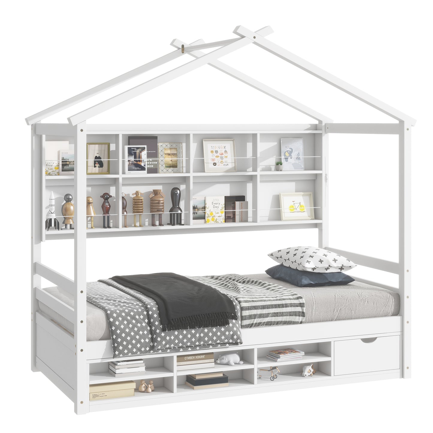 Twin House Bed with Roof Frame, Bedside-shelves, Under Bed Storage Unit,White