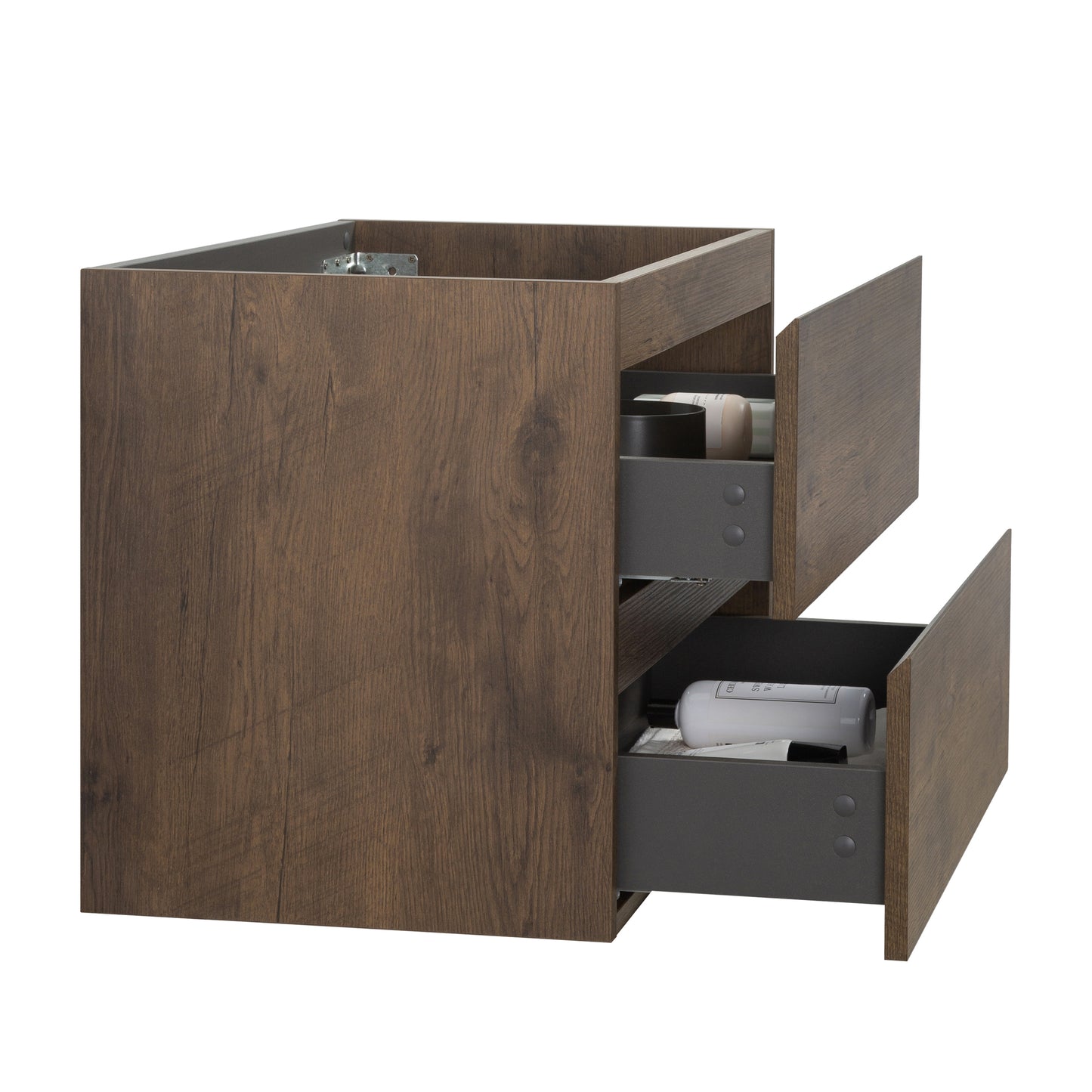 Alice-24W-105,Wall mount cabinet WITHOUT basin,Walnut color,With two drawers, Pre-assembled