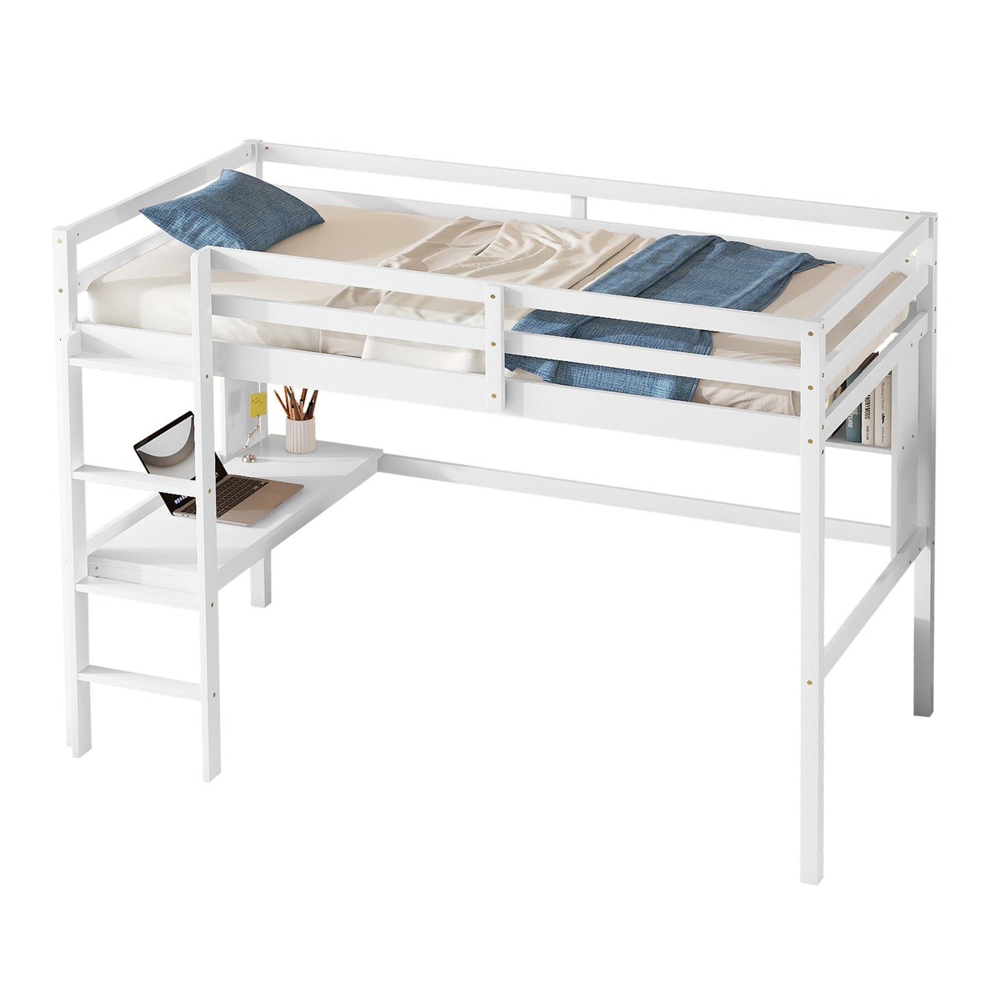 Twin Loft Bed with built-in desk and bookcase of three compartments, Guardrails and Ladder,White