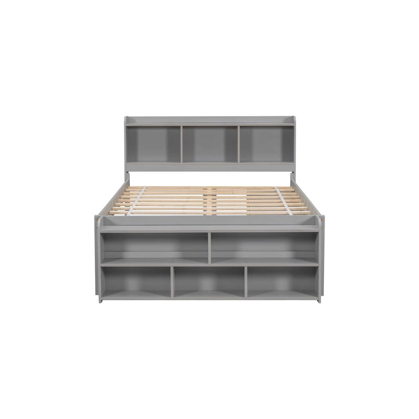 Full Bed with Bookcase Headboard, Under bed Storage Drawers and Bed End Storage Case,Grey