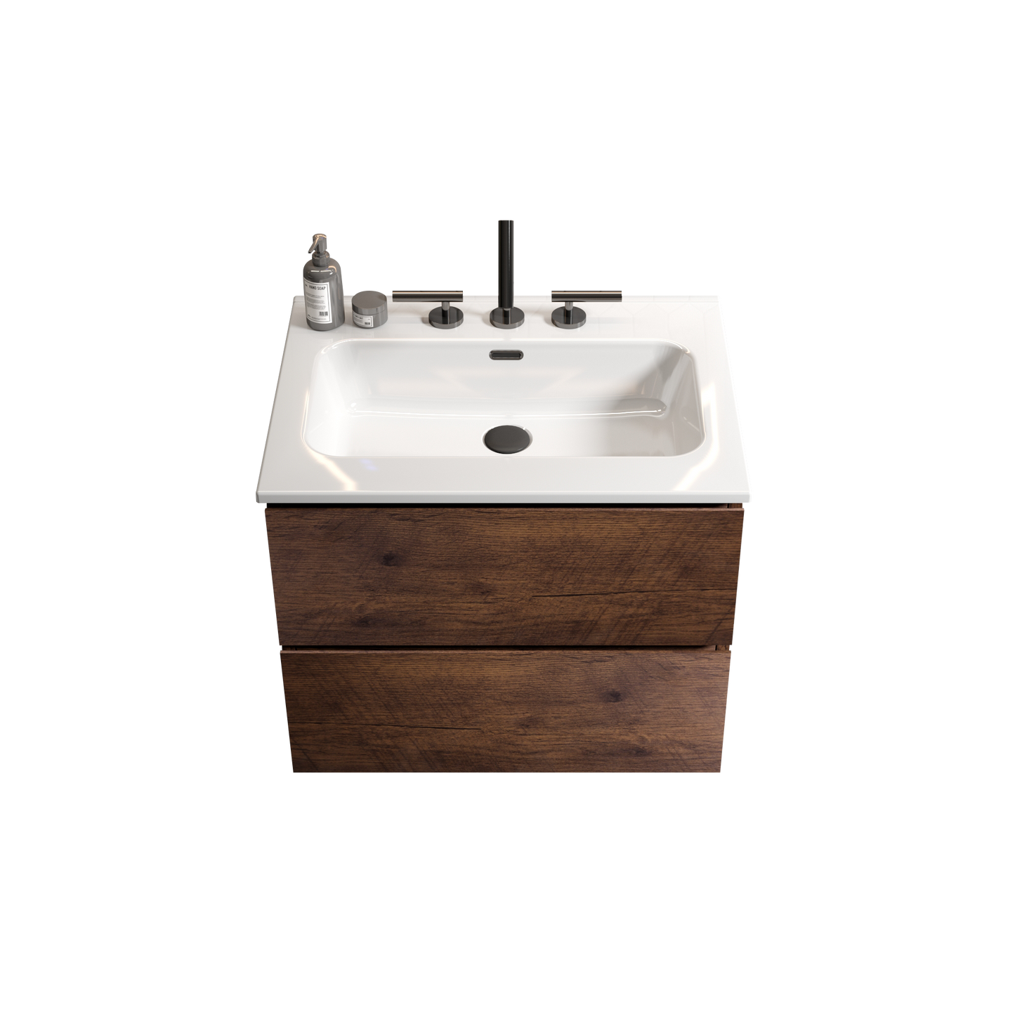 Wall Mount 24" Walnut Bathroom Vanity with Ceramic Sink with three faucet holes, Large Storage Floating Bathroom Vanity for Modern Bathroom, One-Piece Sink Basin without Drain, Pre-assembled