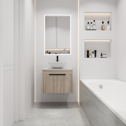 24 " Modern Design Float Bathroom Vanity With Ceramic Basin Set,  Wall Mounted White Oak Vanity  With Soft Close Door,KD-Packing,KD-Packing,2 Pieces Parcel(TOP-BAB321MOWH)