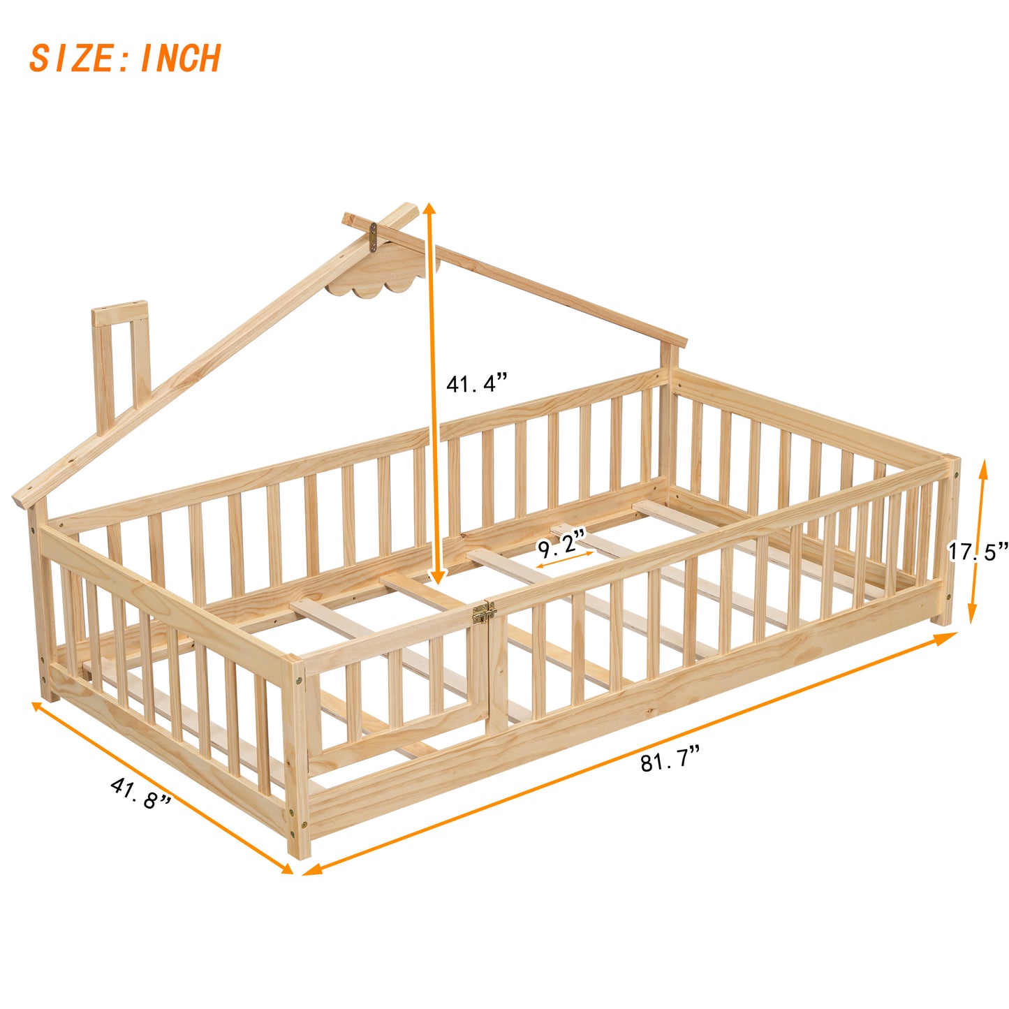 Twin House-Shaped Bedside Floor Bed with Guardrails, Slats, with Door,Natural