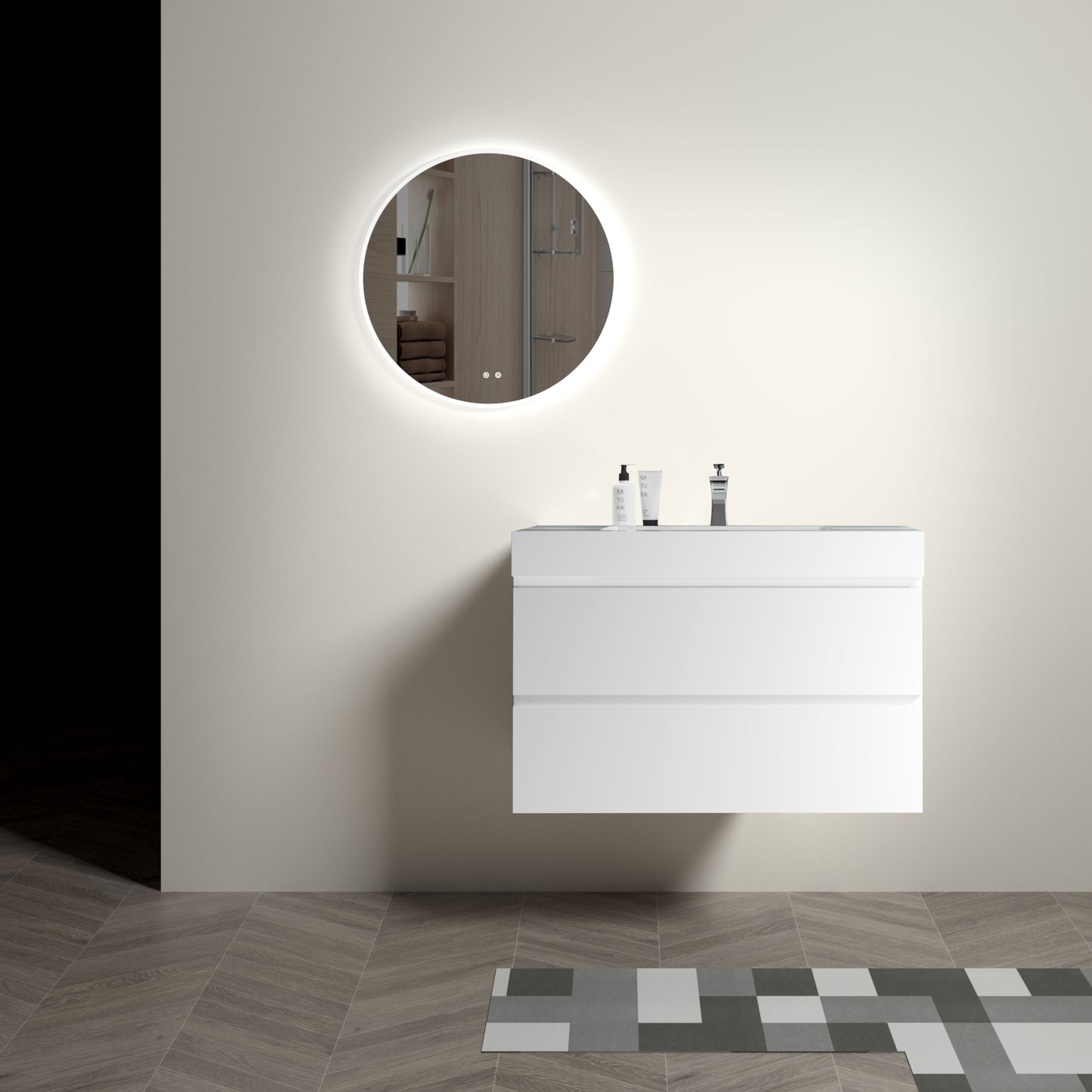 Alice 36" White Bathroom Vanity with Sink, Large Storage Wall Mounted Floating Bathroom Vanity for Modern Bathroom, One-Piece White Sink Basin without Drain and Faucet, Pre-assembled