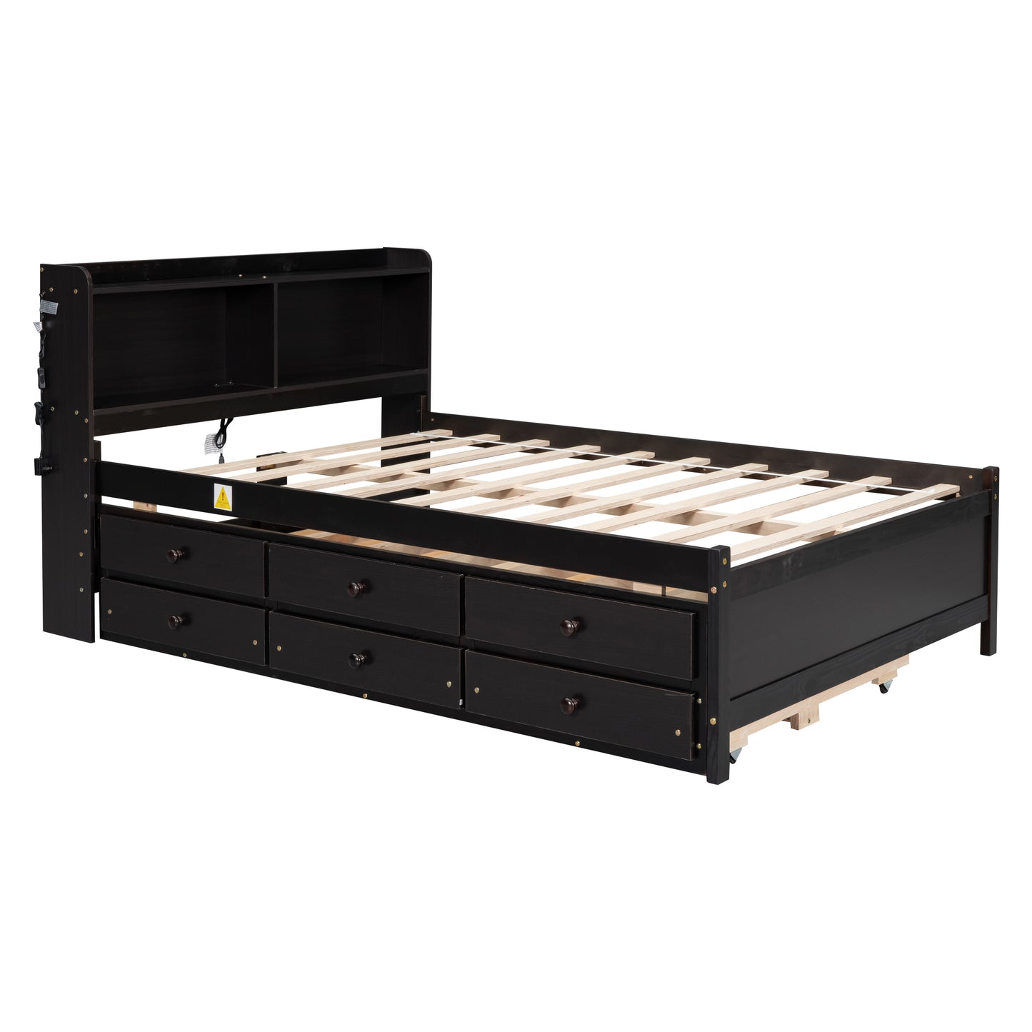 Full Size Bed with USB & Type-C Ports, LED light, Bookcase Headboard, Trundle and 3 Storage Drawers , Full Size Size Bed with  Bookcase Headboard, Trundle and Storage drawers,Espresso