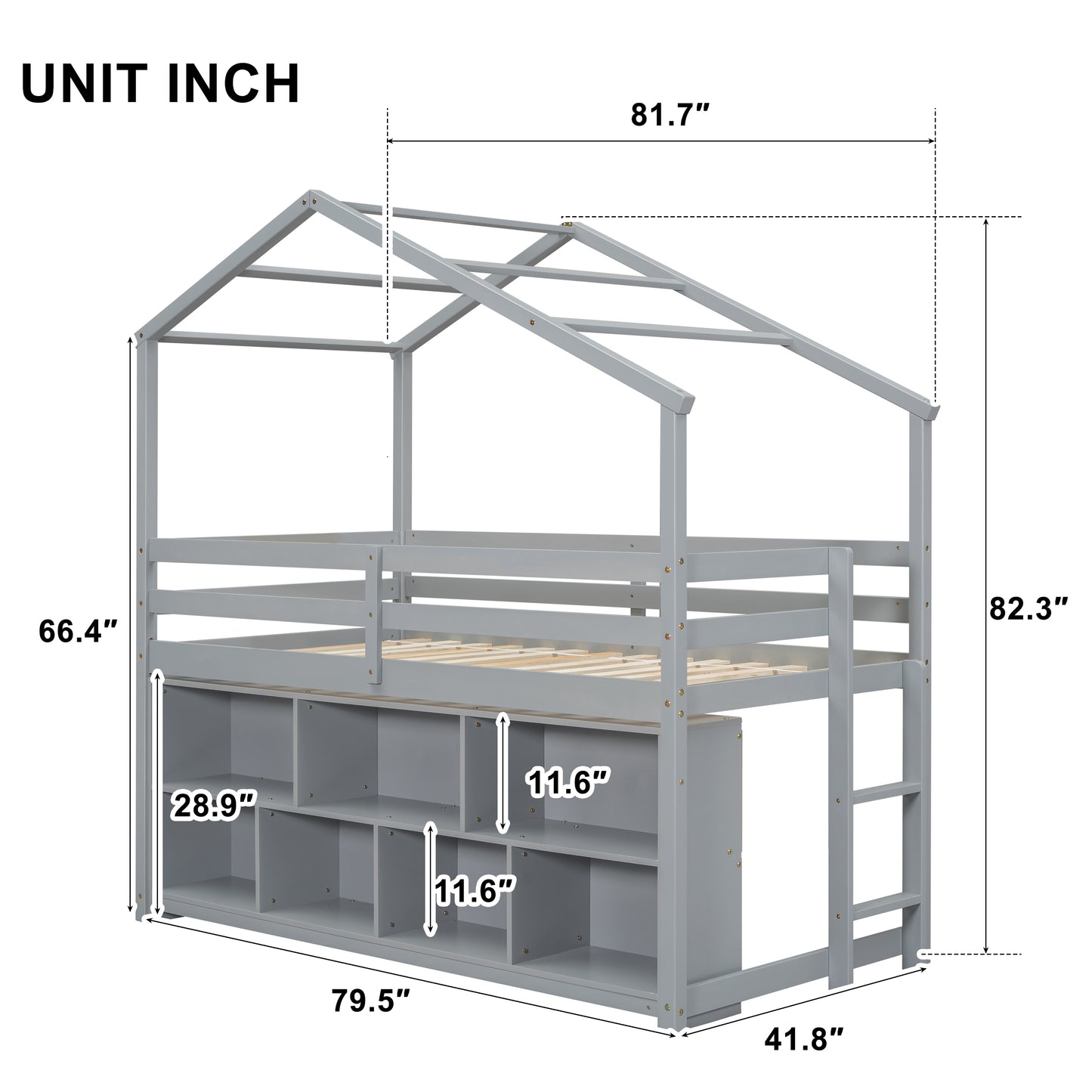 Twin House Loft Bed with Roof Frame, Under Bed Shelving Storage Unit, Guardrails, Ladder,Grey