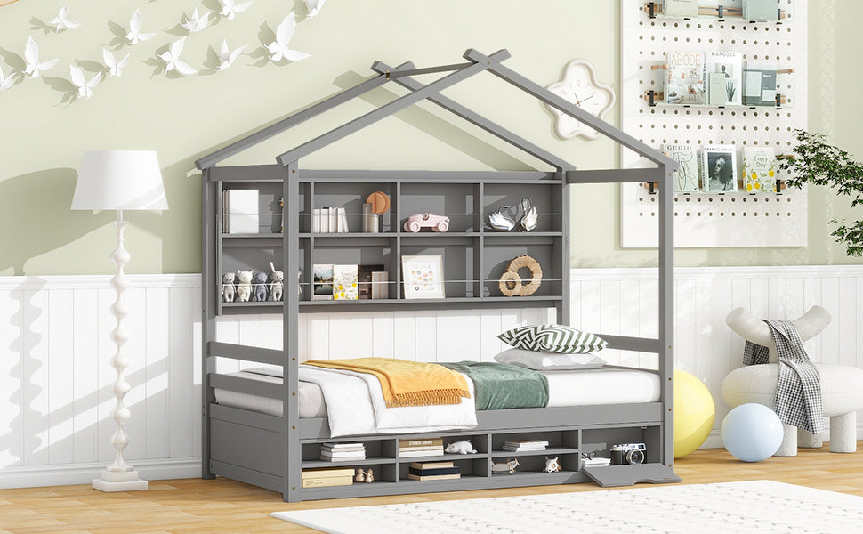 Twin House Bed with Roof Frame, Bedside-shelves, Under Bed Storage Unit,Grey