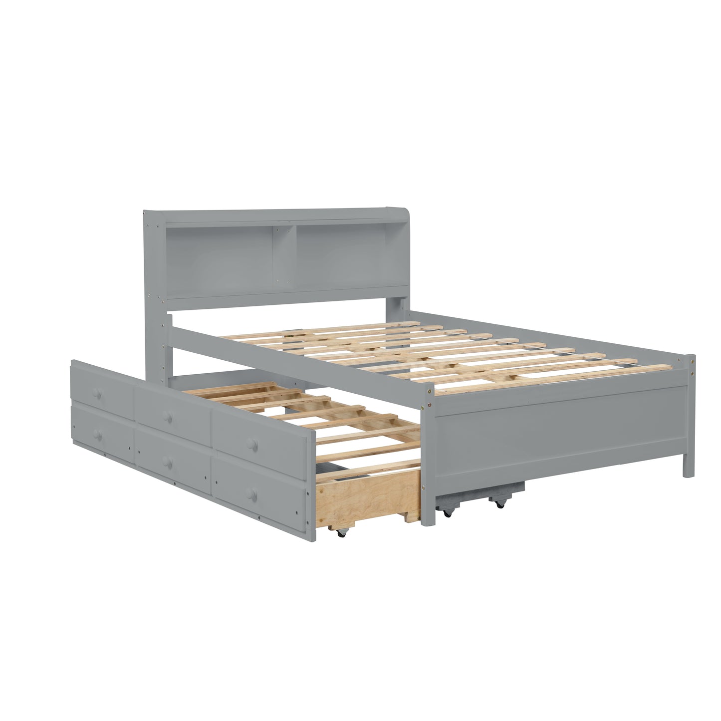 Full Bed with Bookcase,Twin Trundle,Drawers,Grey