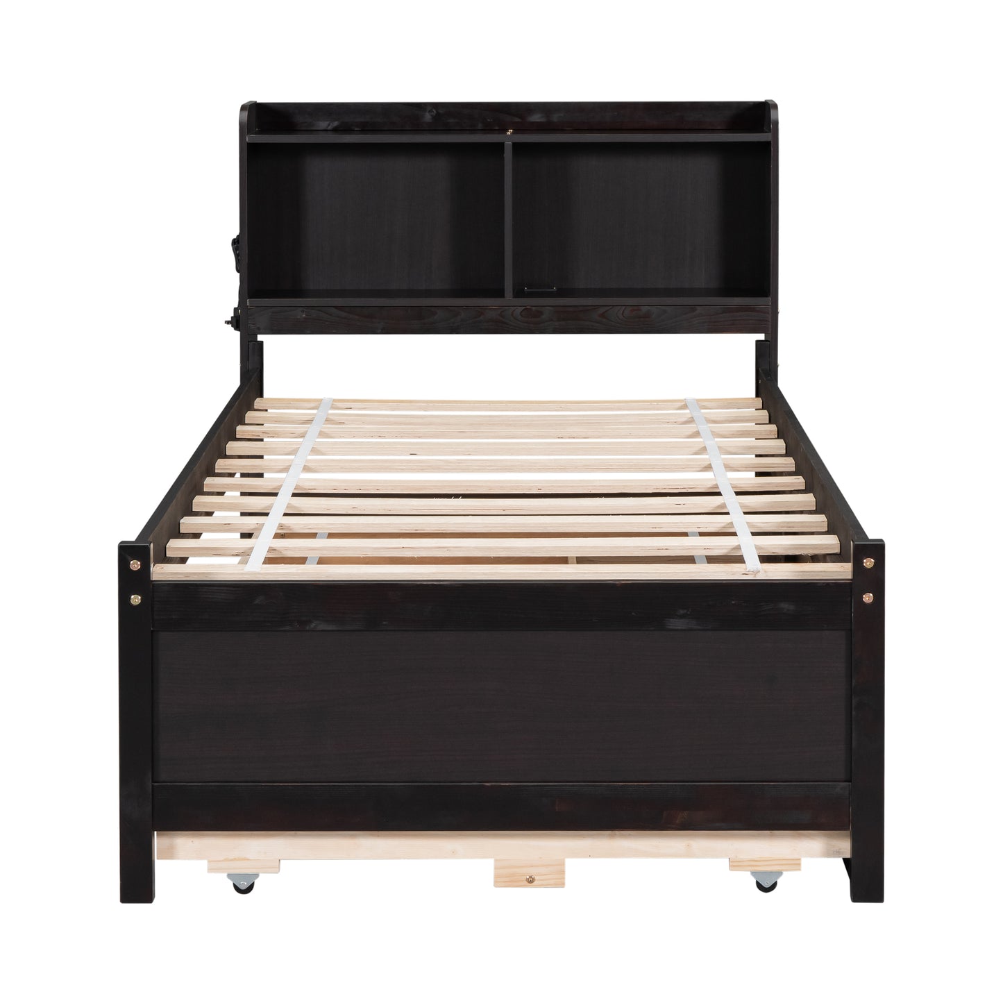 Twin Size Bed with  built-in USB ,Type-C Ports, LED light, Bookcase Headboard, Trundle and 3 Storage Drawers, Twin Size Bed with  Bookcase Headboard, Trundle and Storage drawers ,Espresso