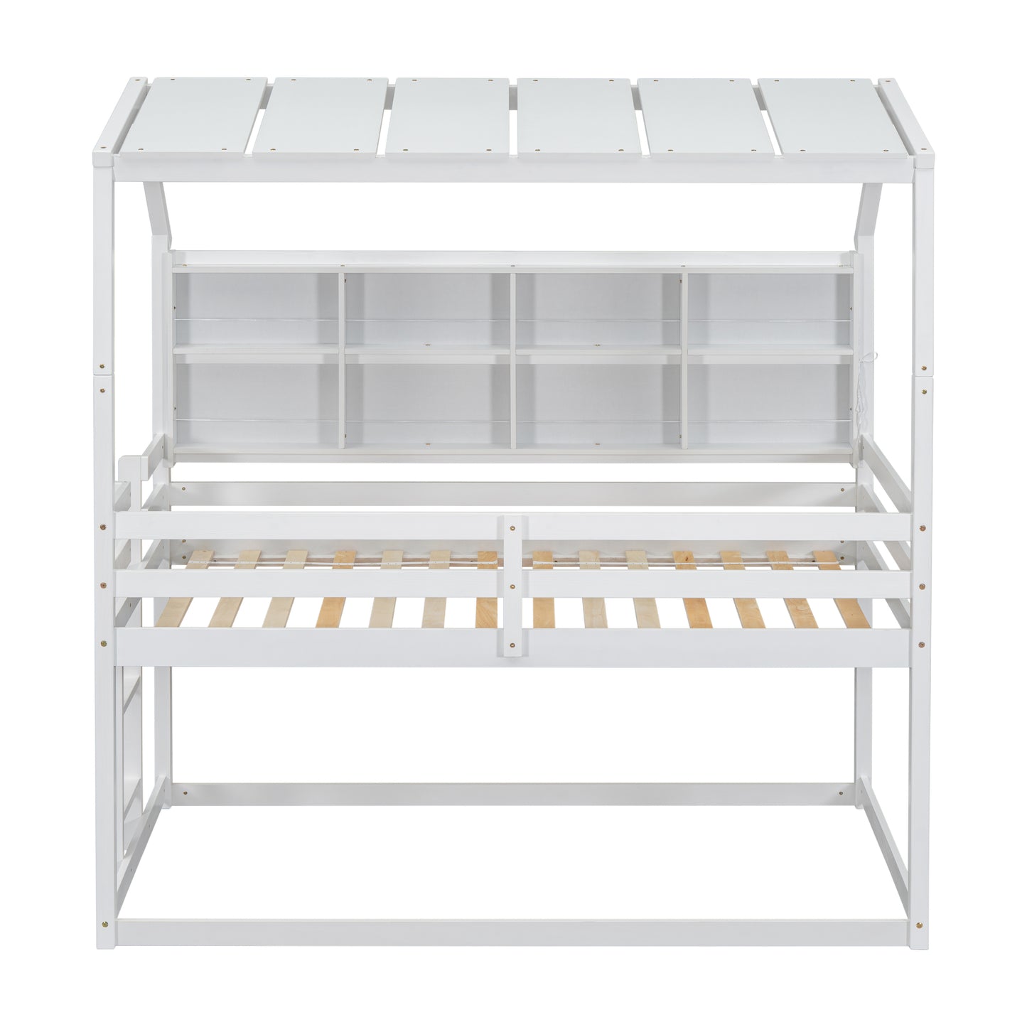 Twin House Loft Bed with Guardrails, Semi-enclosed Roof, Bedside Shelves and Ladder, White