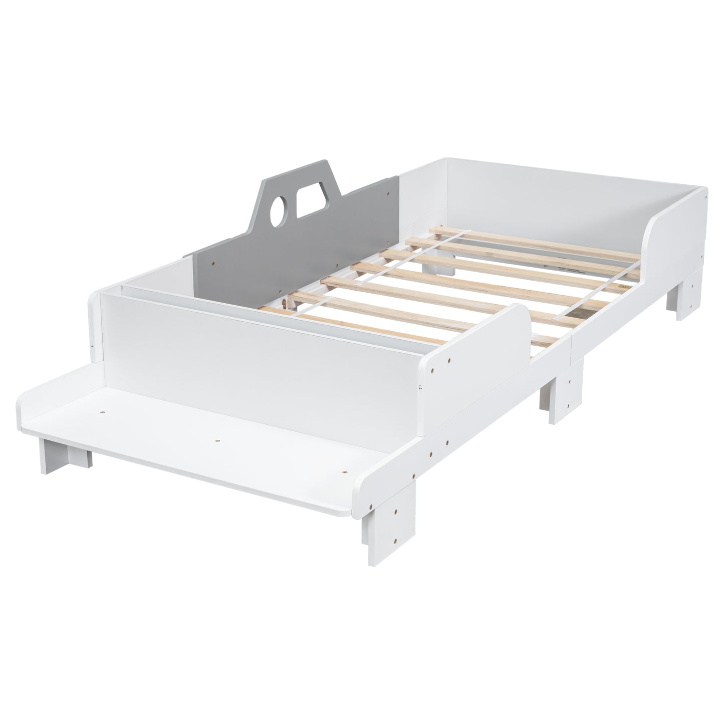 Mesvin Platform Storage Bed Car-Shaped Twin Wood Kid Bed with Bench,White