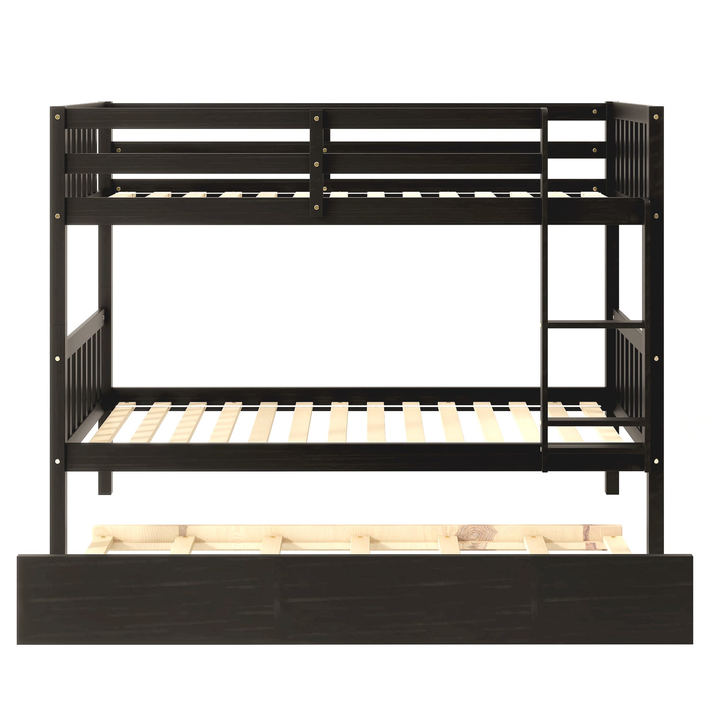 Twin Over Twin Bunk Beds with Trundle, Solid Wood Trundle Bed Frame with Safety Rail and Ladder, Kids/Teens Bedroom, Guest Room Furniture, Can Be converted into 2 Beds,Espresso