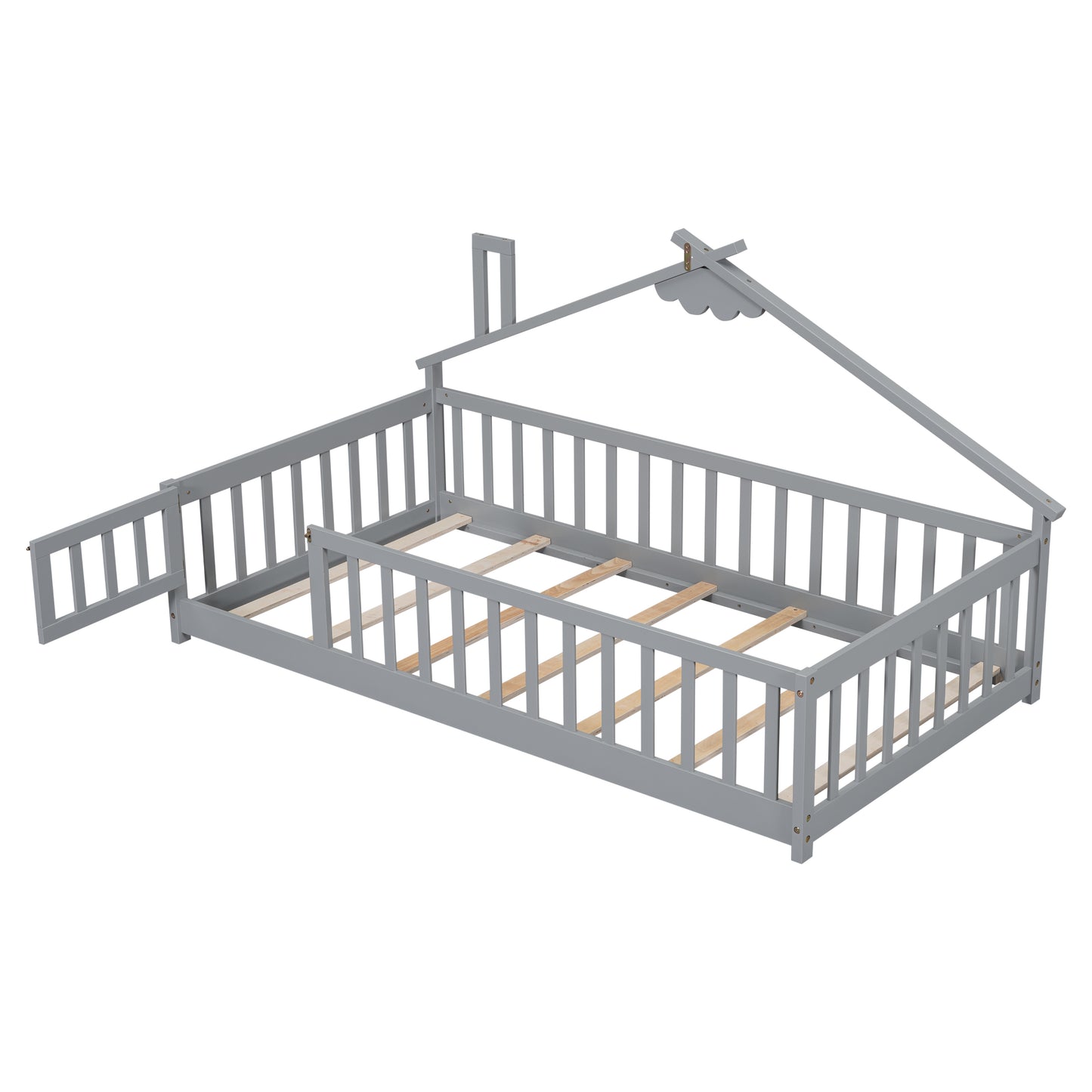 Twin House-Shaped Bedside Floor Bed with Guardrails, Slats, with Door,Grey