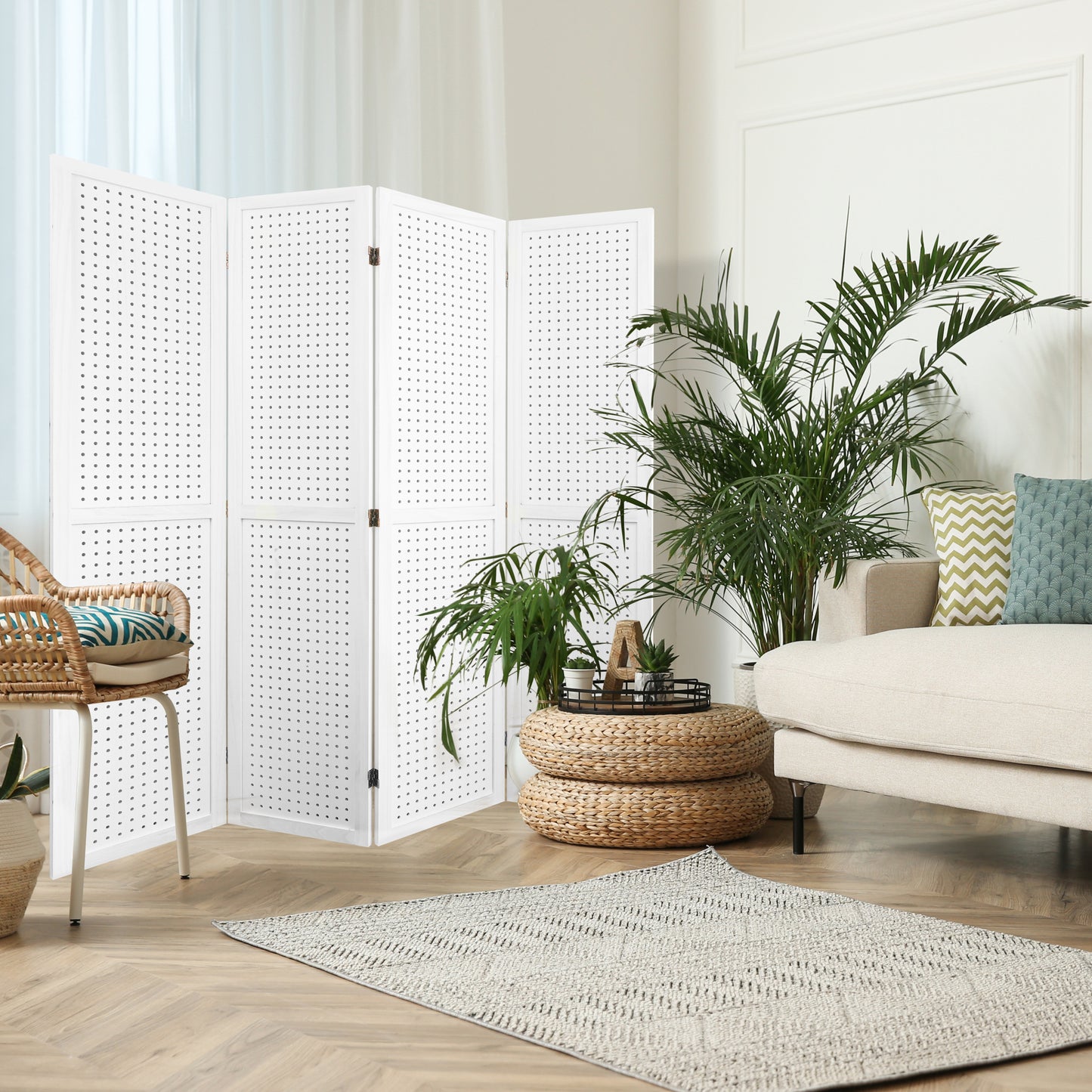 4 Panel Room Divider, 5.6Ft Pegboard Display Wooden Room Divider Folding Privacy Screen Room Divider Freestanding Peg Board Display for Trade Show Craft Show Home Wall Organizer, Elegant White