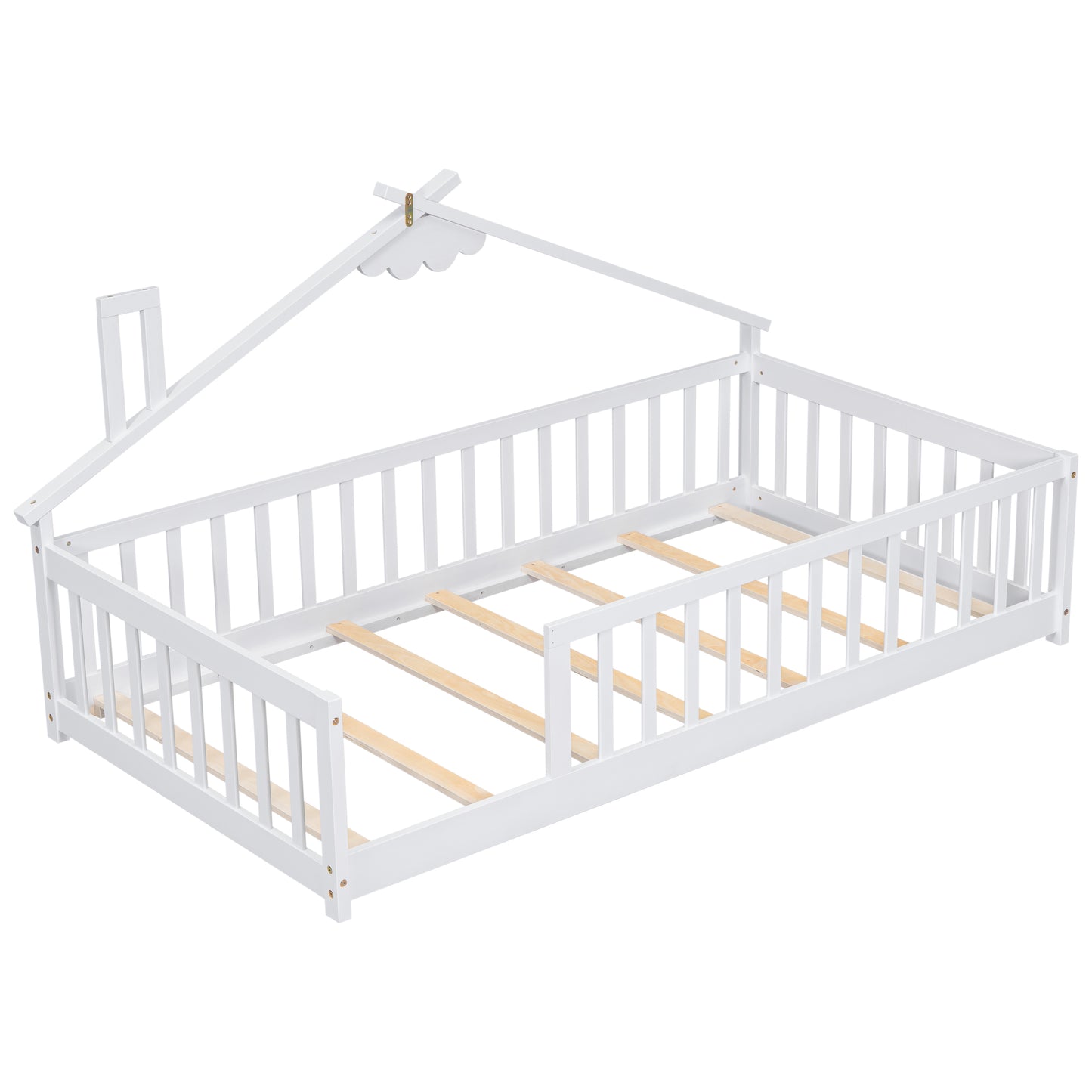 Twin House-Shaped Bedside Floor Bed with Guardrails, Slats, without Door,White