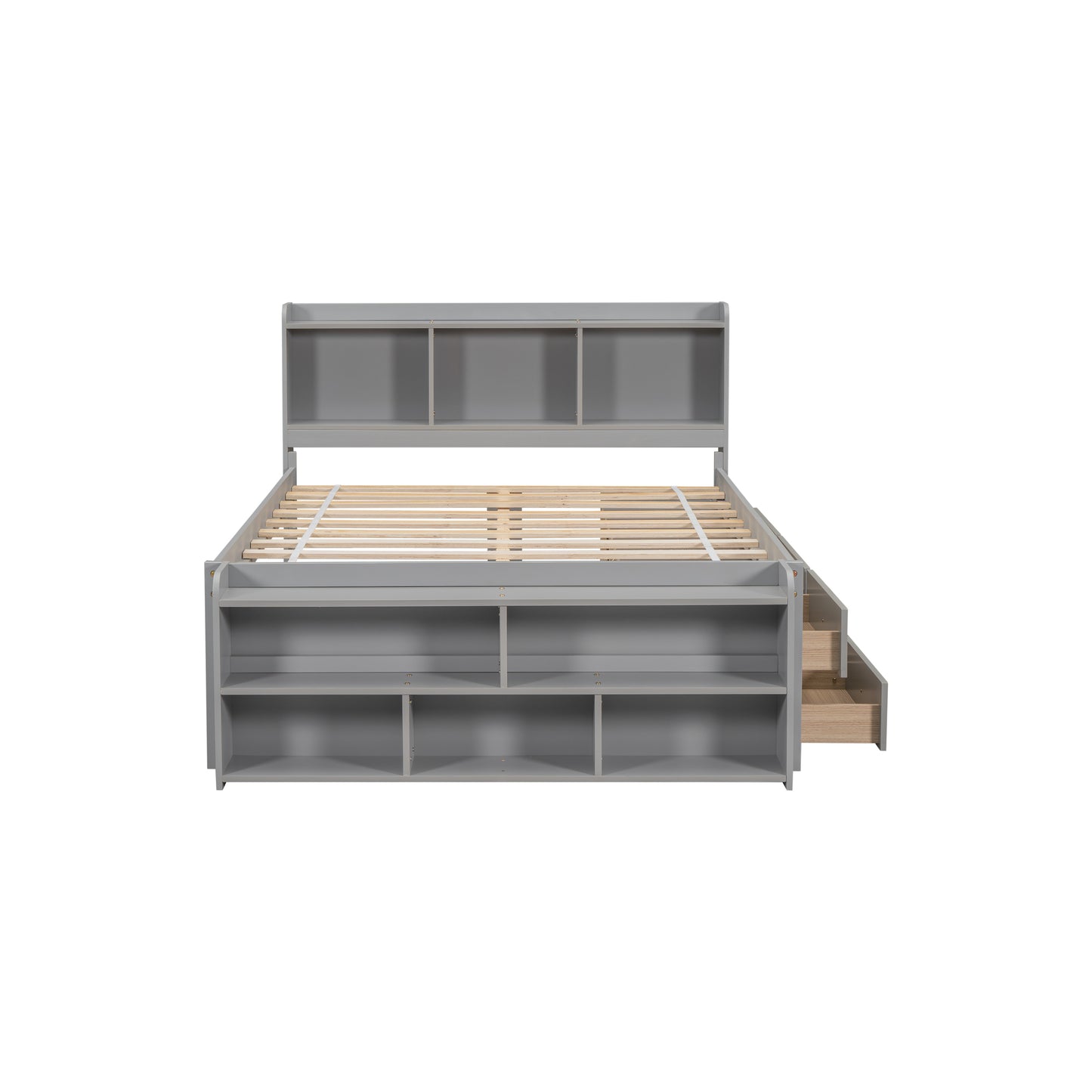 Full Bed with Bookcase Headboard, Under bed Storage Drawers and Bed End Storage Case,Grey