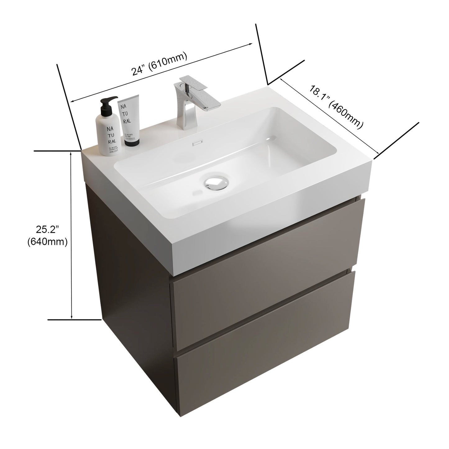 Alice 24" Gray Bathroom Vanity with Sink, Large Storage Wall Mounted Floating Bathroom Vanity for Modern Bathroom, One-Piece White Sink Basin without Drain and Faucet, Pre-assembled