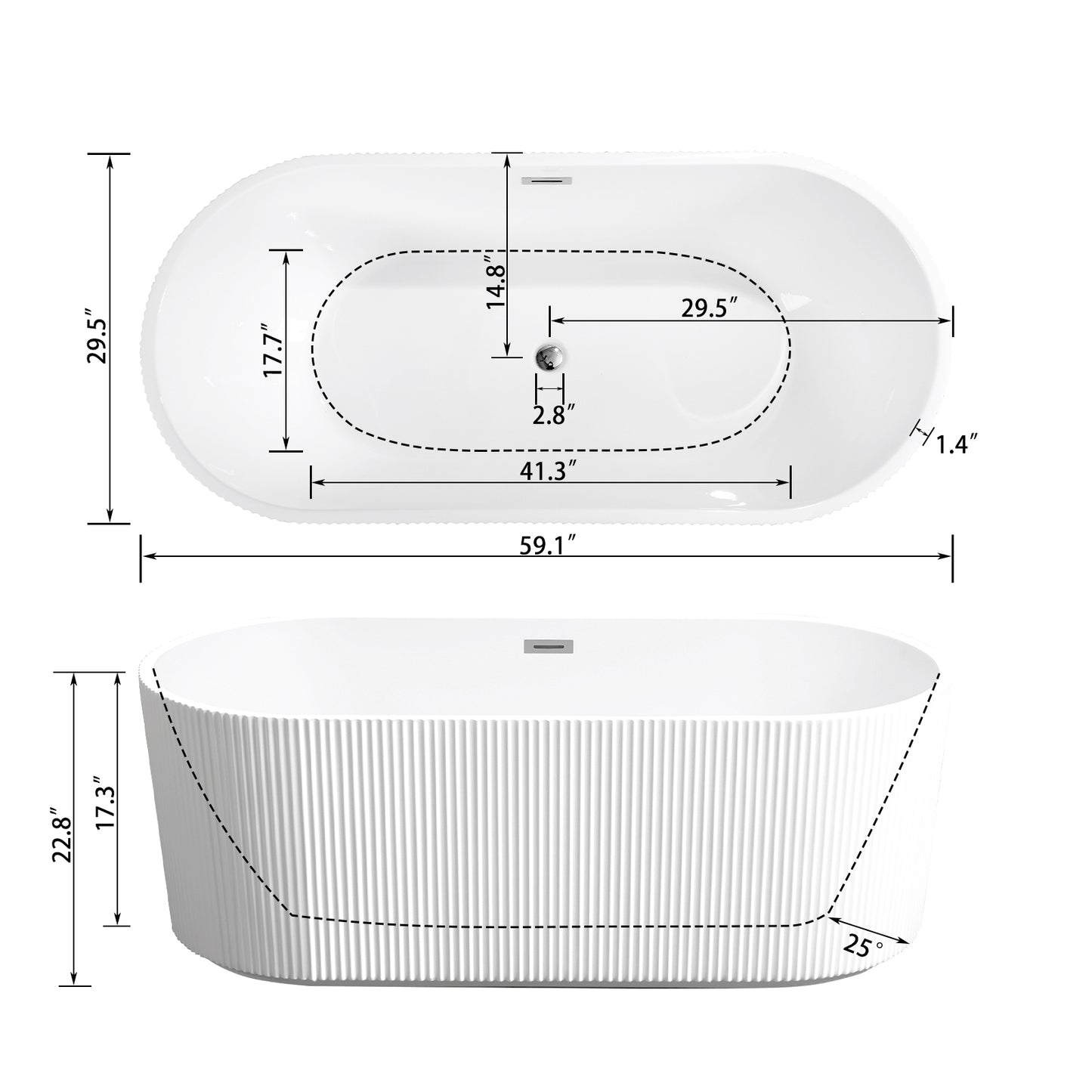 Sophisticated Contemporary Acrylic Freestanding Bathtub, Fluted Gloss White Oval Soaking Tub with Chrome Overflow, Pop Up Drain, Center Placement, Easy Installation for Modern Bathrooms (White,59in)