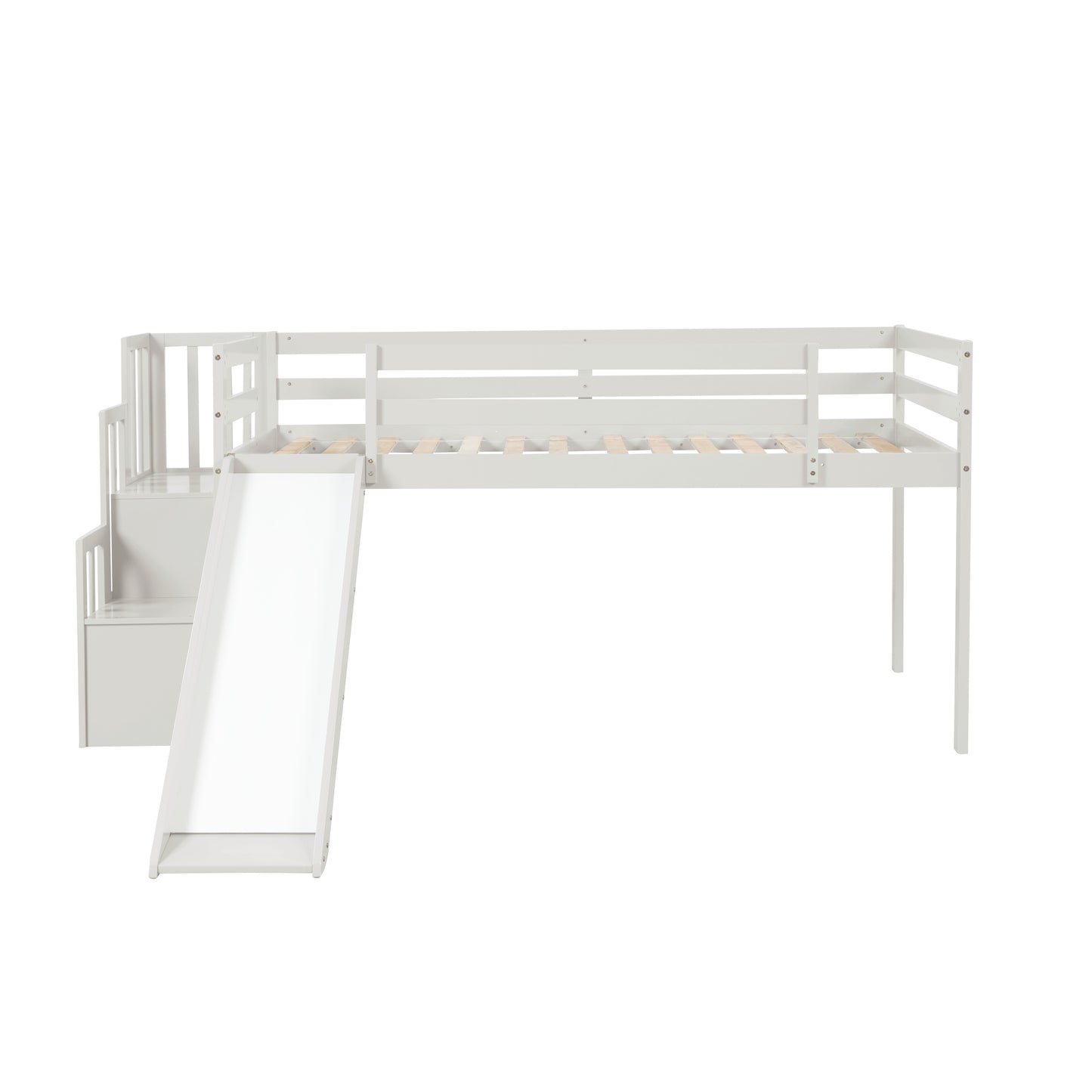 Loft Bed with Staircase, Storage, Slide, Twin size, Full-length Safety Guardrails, No Box Spring Needed, White (Old Sku:W504S00004)