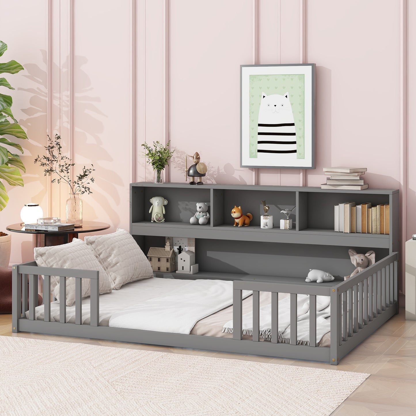 Full Floor Bed with Side Bookcase,Shelves,Guardrails,Grey