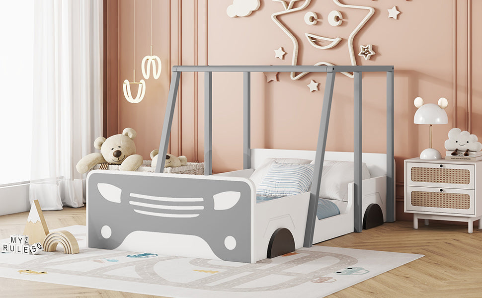 Twin Size Car-shaped Bed with Roof,Wooden Twin Floor Bed with wheels and door Design,Montessori Inspired Bedroom,Grey