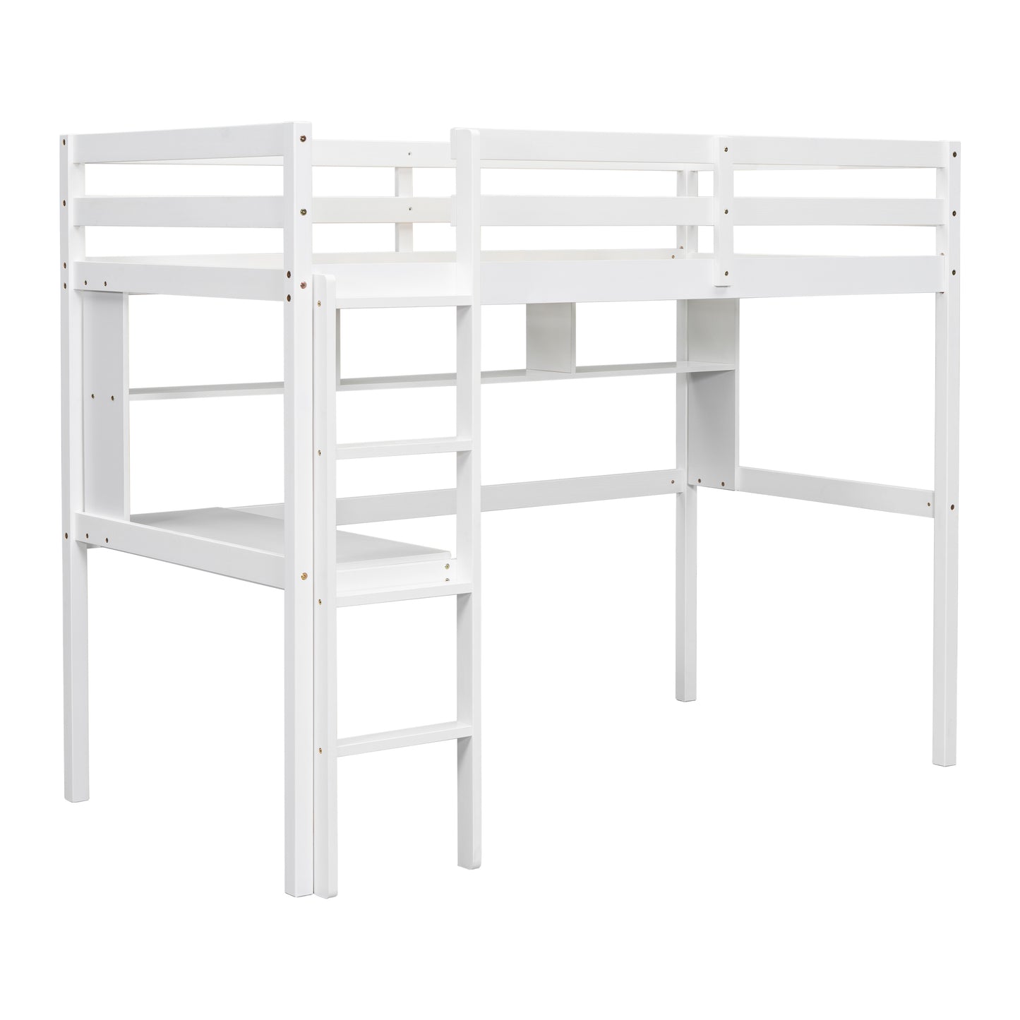 Twin Loft Bed with built-in desk and bookcase of three compartments, Guardrails and Ladder,White