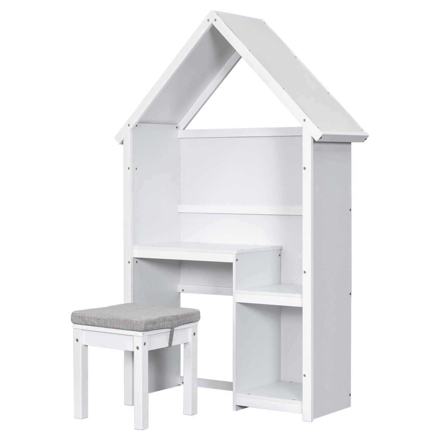 House-Shaped Kids Desk with a cushion stool,House-Style Desk and Stool Set,White