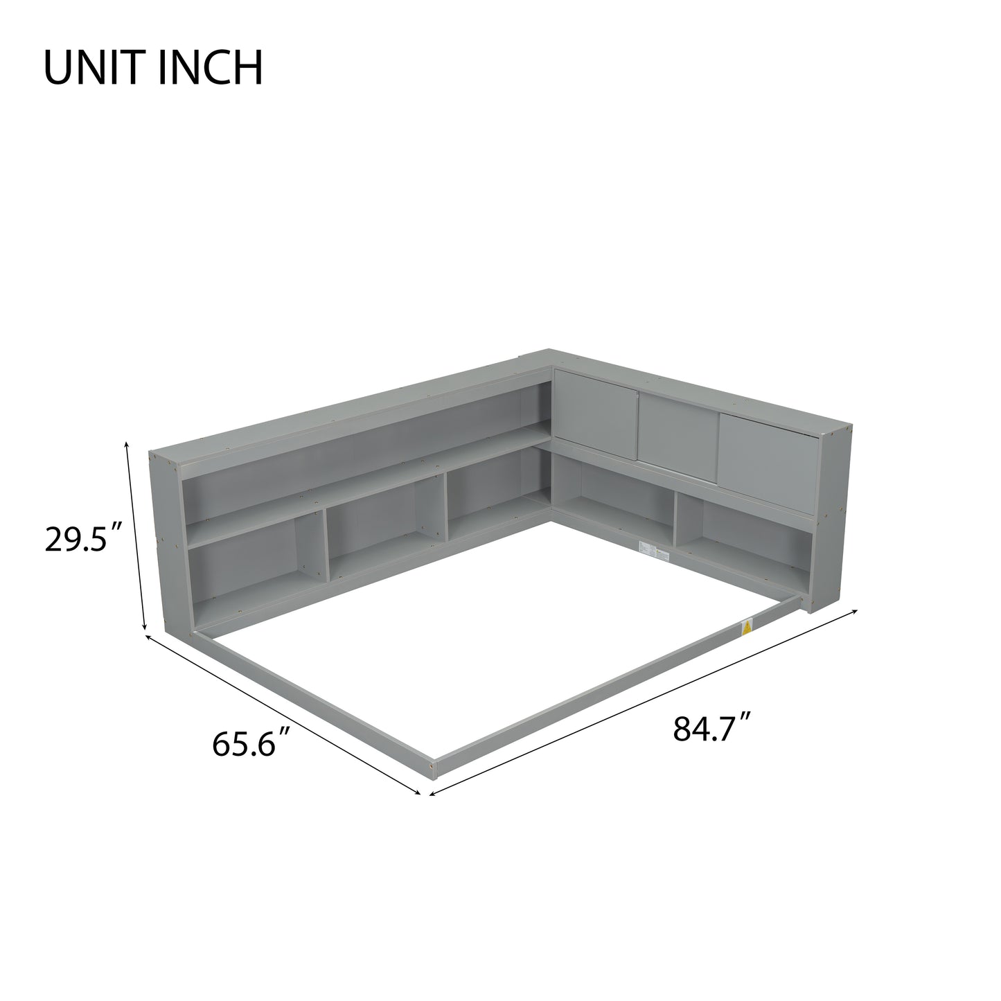 Full Floor Bed with L-shaped Bookcases, sliding doors,without slats,Grey