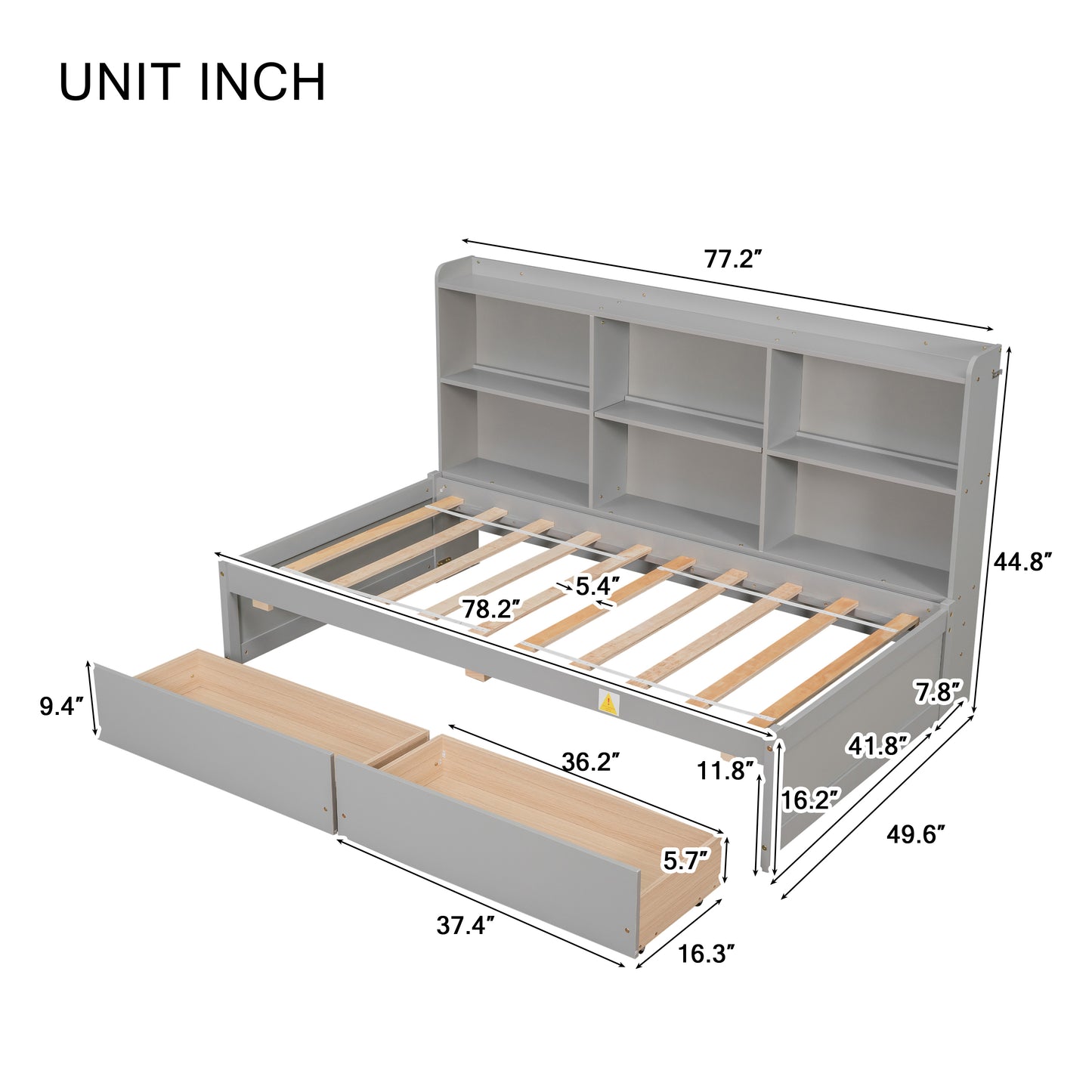 Twin Bed with Side Bookcase, Drawers ,Grey