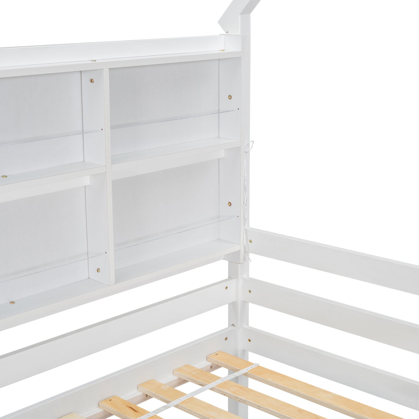 Twin House Loft Bed with Guardrails, Semi-enclosed Roof, Bedside Shelves and Ladder, White