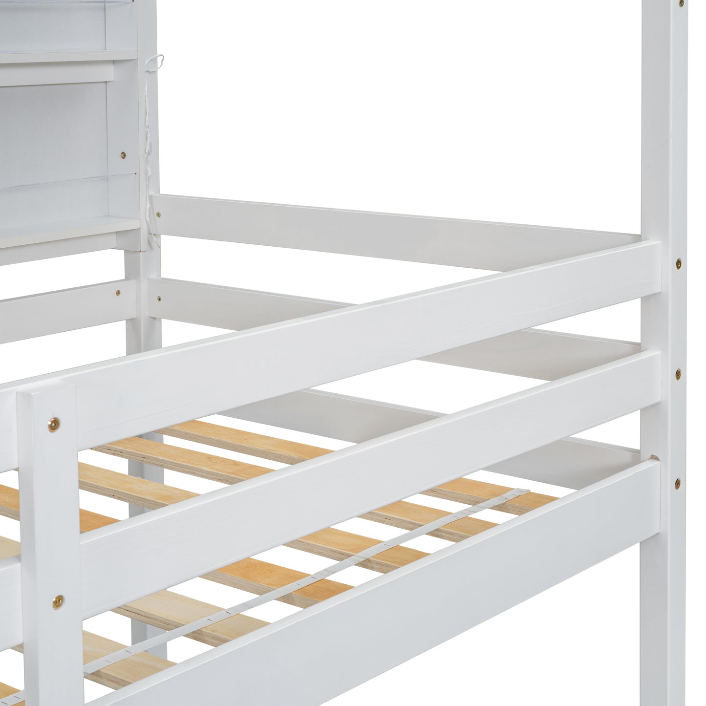 Twin House Loft Bed with Guardrails, Semi-enclosed Roof, Bedside Shelves and Ladder, White