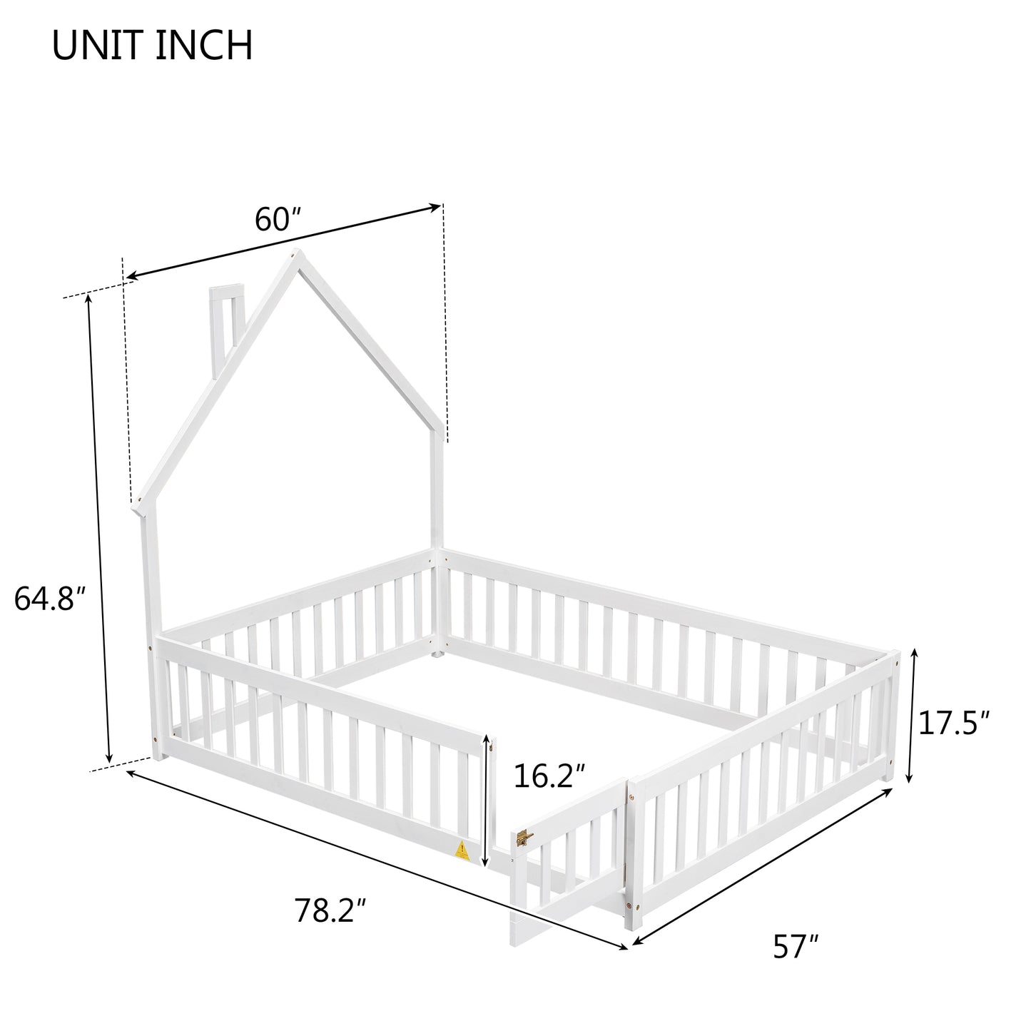 Full House-Shaped Headboard Floor Bed with Fence ,White