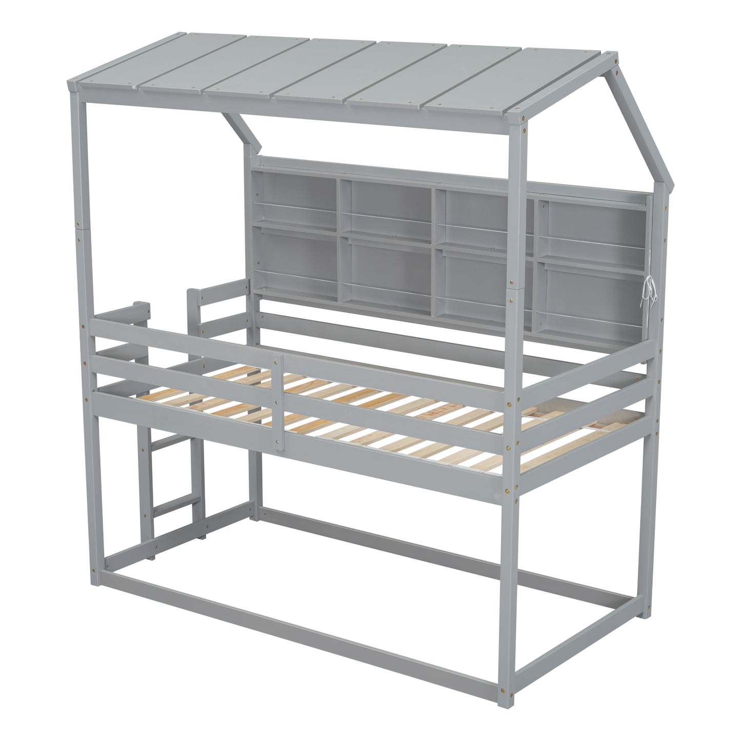 Twin House Loft Bed with Guardrails, Semi-enclosed Roof, Bedside Shelves and Ladder, Grey