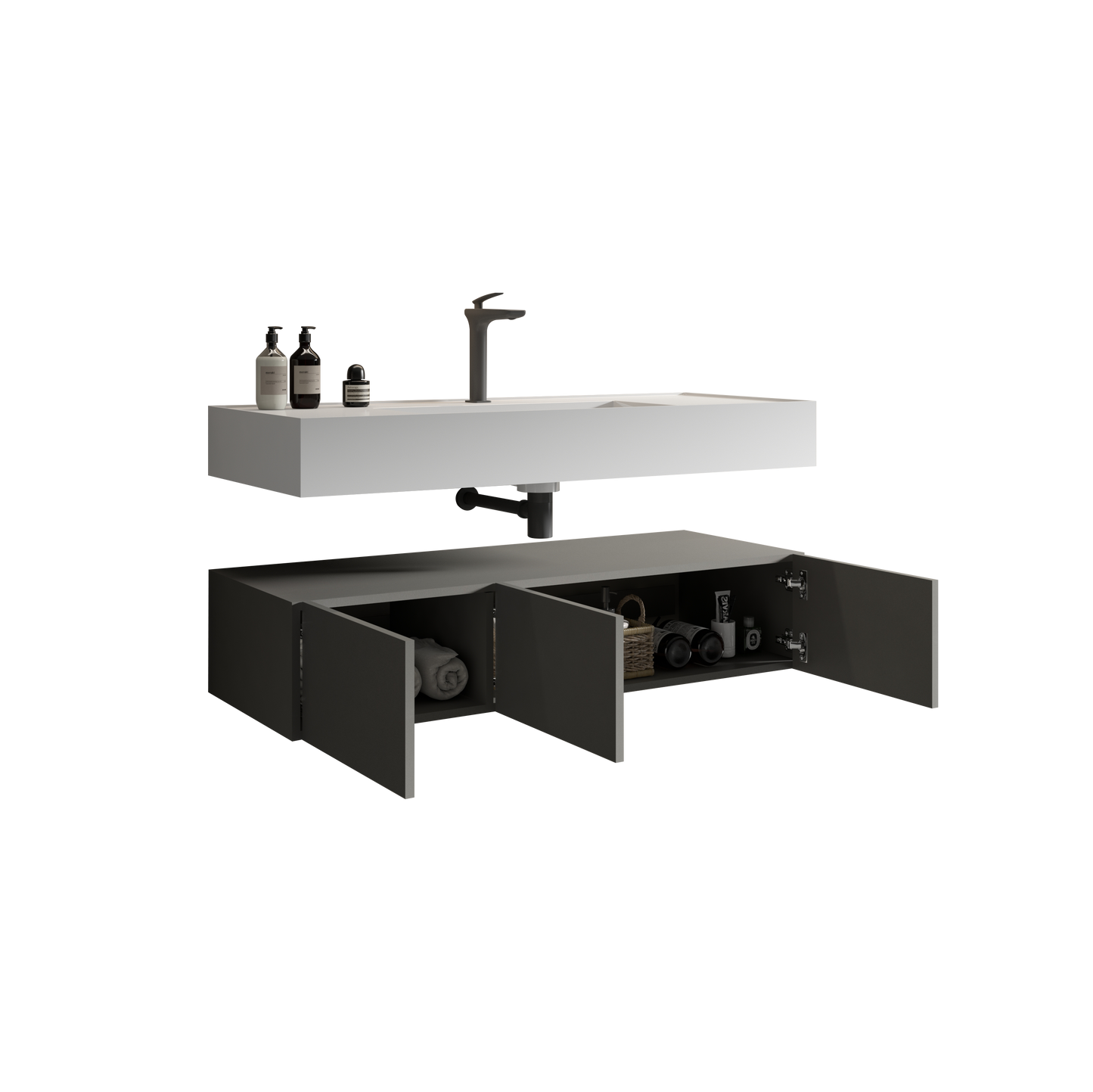 U064-Flora48W-102 Floating Bathroom Sink with Storage Cabinet, Space Gray Wall-mounted Basin with Cabinet with 3 Soft Close Doors