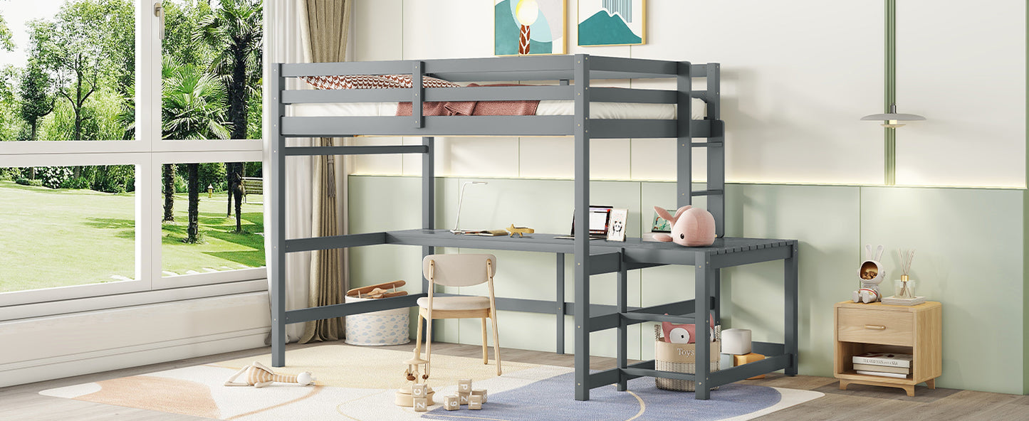 Full Loft Bed with Built-in Desk, Ladder Platform, Ladders, Guardrails,Grey