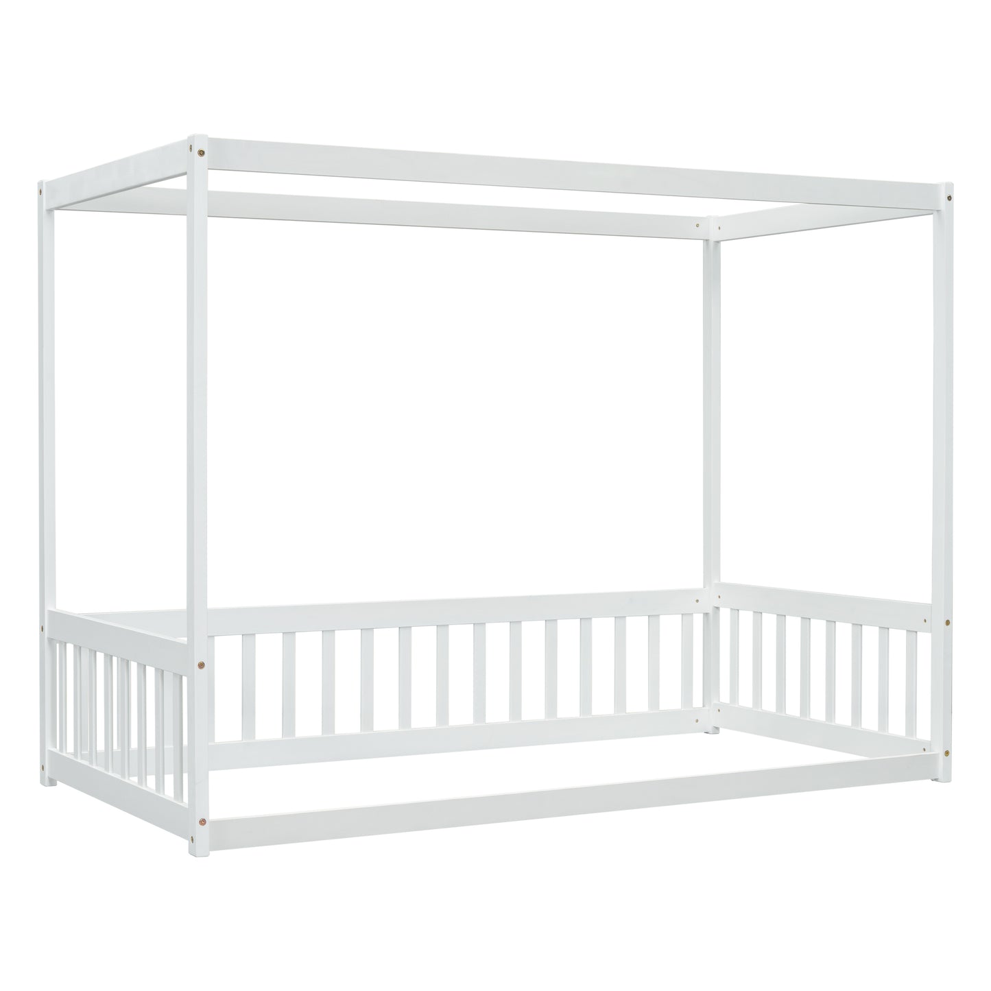 Twin Size Canopy Frame Floor Bed with Fence, Guardrails,White