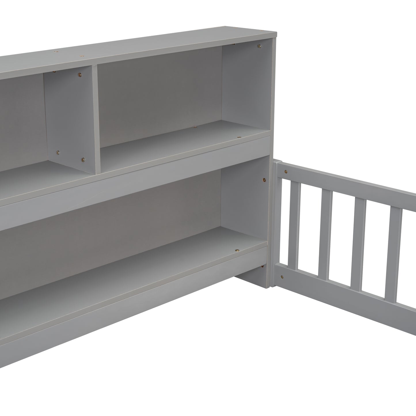 Full Floor Bed with Side Bookcase,Shelves,Guardrails,Grey