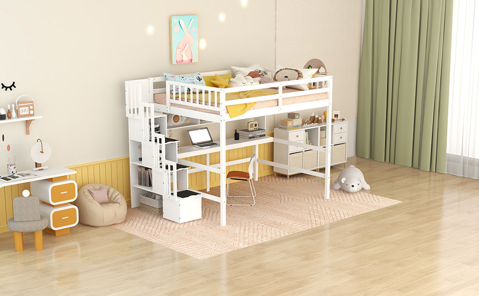 Full Size Loft Bed with Built-in Desk, Bookshelves and Storage Staircase,White(Old SKU:W504S00110)