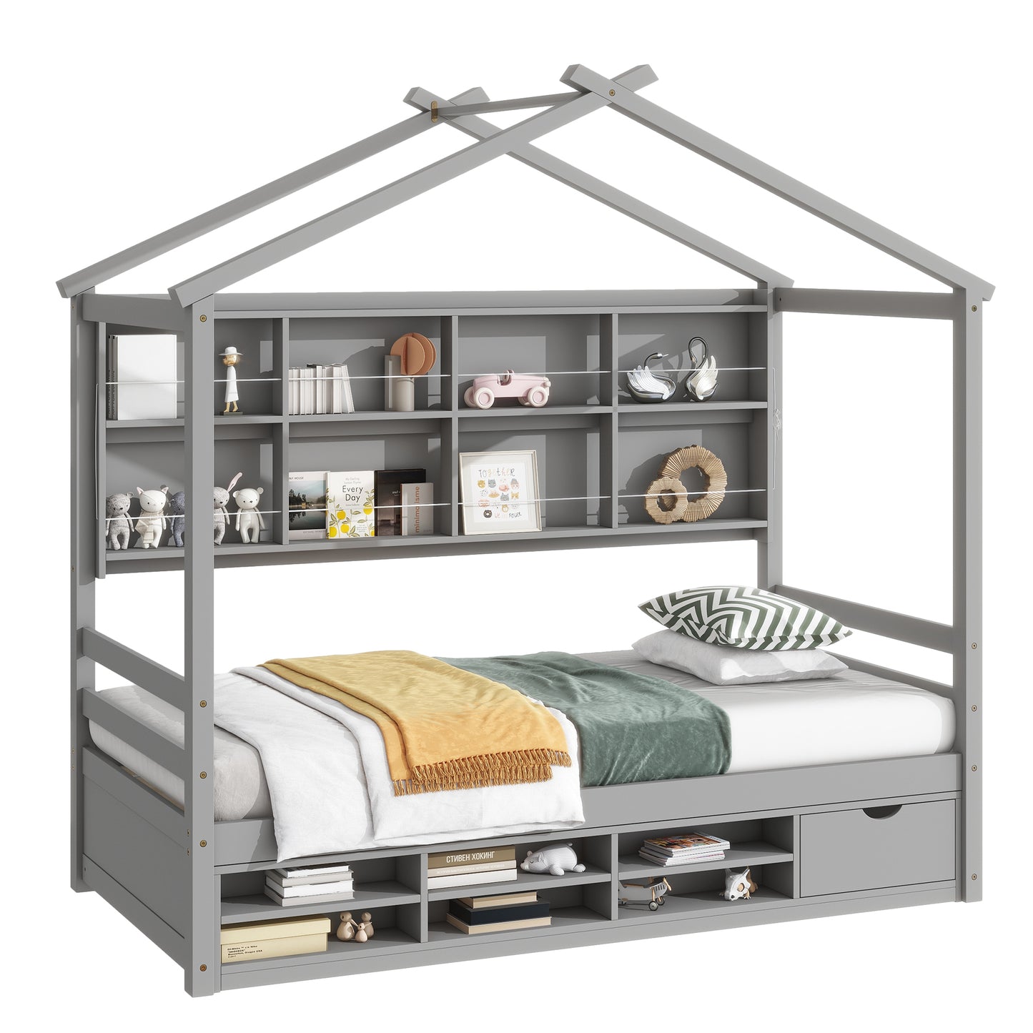 Twin House Bed with Roof Frame, Bedside-shelves, Under Bed Storage Unit,Grey