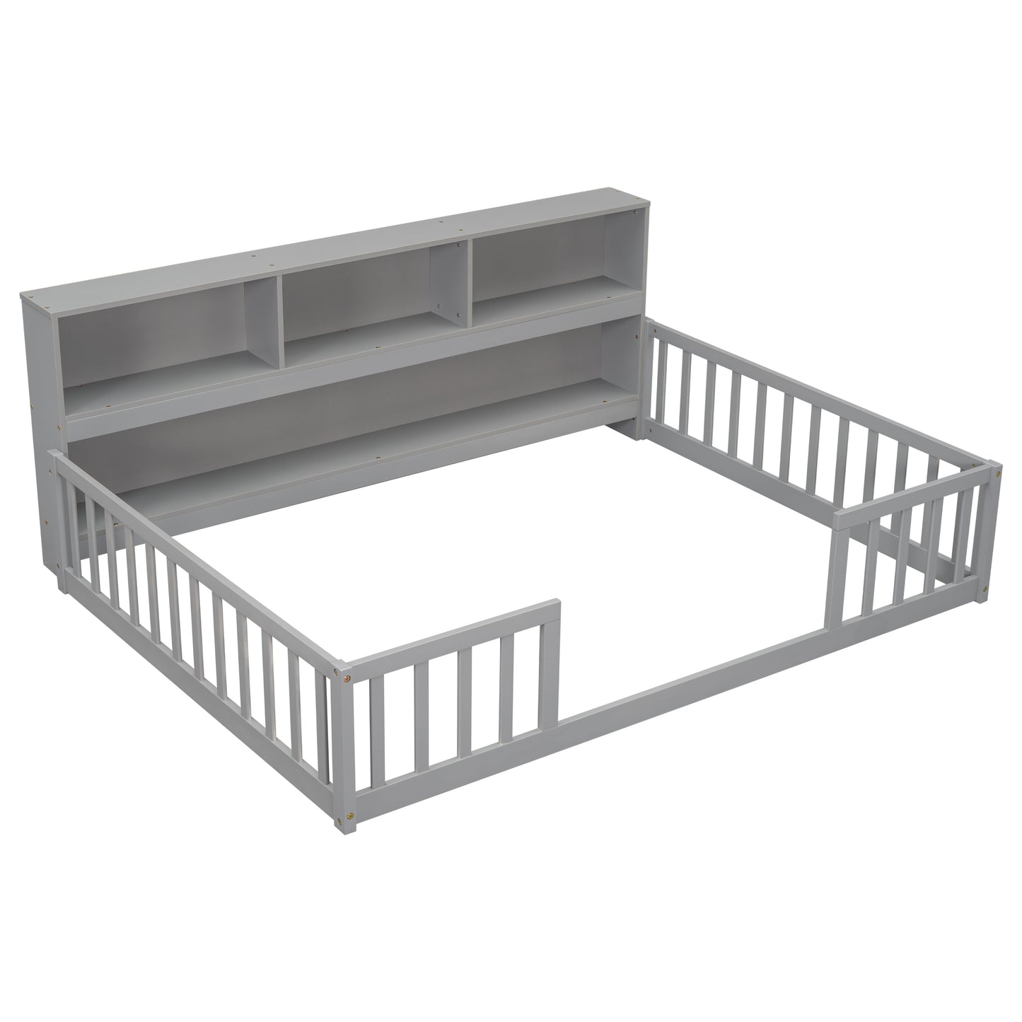 Full Floor Bed with Side Bookcase,Shelves,Guardrails,Grey