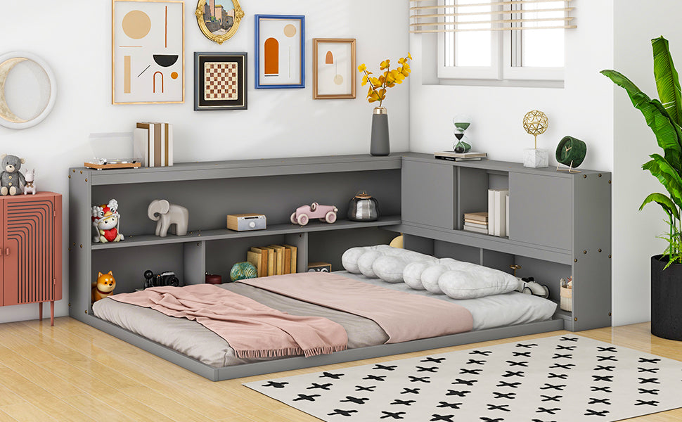 Full Floor Bed with L-shaped Bookcases, sliding doors,without slats,Grey