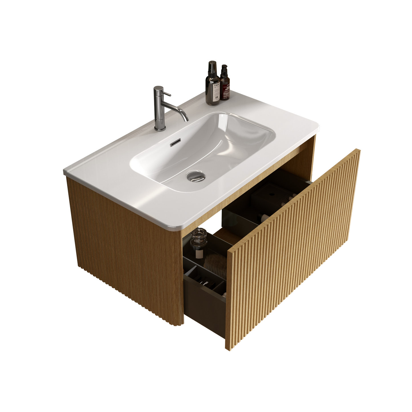 U049-Etna30W-306 Etna 30" Striped Natural Oak Bathroom Vanity with White Ceramic Sink, Wall Mounted Floating Bathroom Vanity for Modern Bathroom, One-Piece White Basin without Drain, Pre-assembled