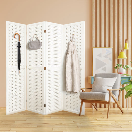 4 Panel Room Divider, 5.6Ft Pegboard Display Wooden Room Divider Folding Privacy Screen Room Divider Freestanding Peg Board Display for Trade Show Craft Show Home Wall Organizer, Elegant White